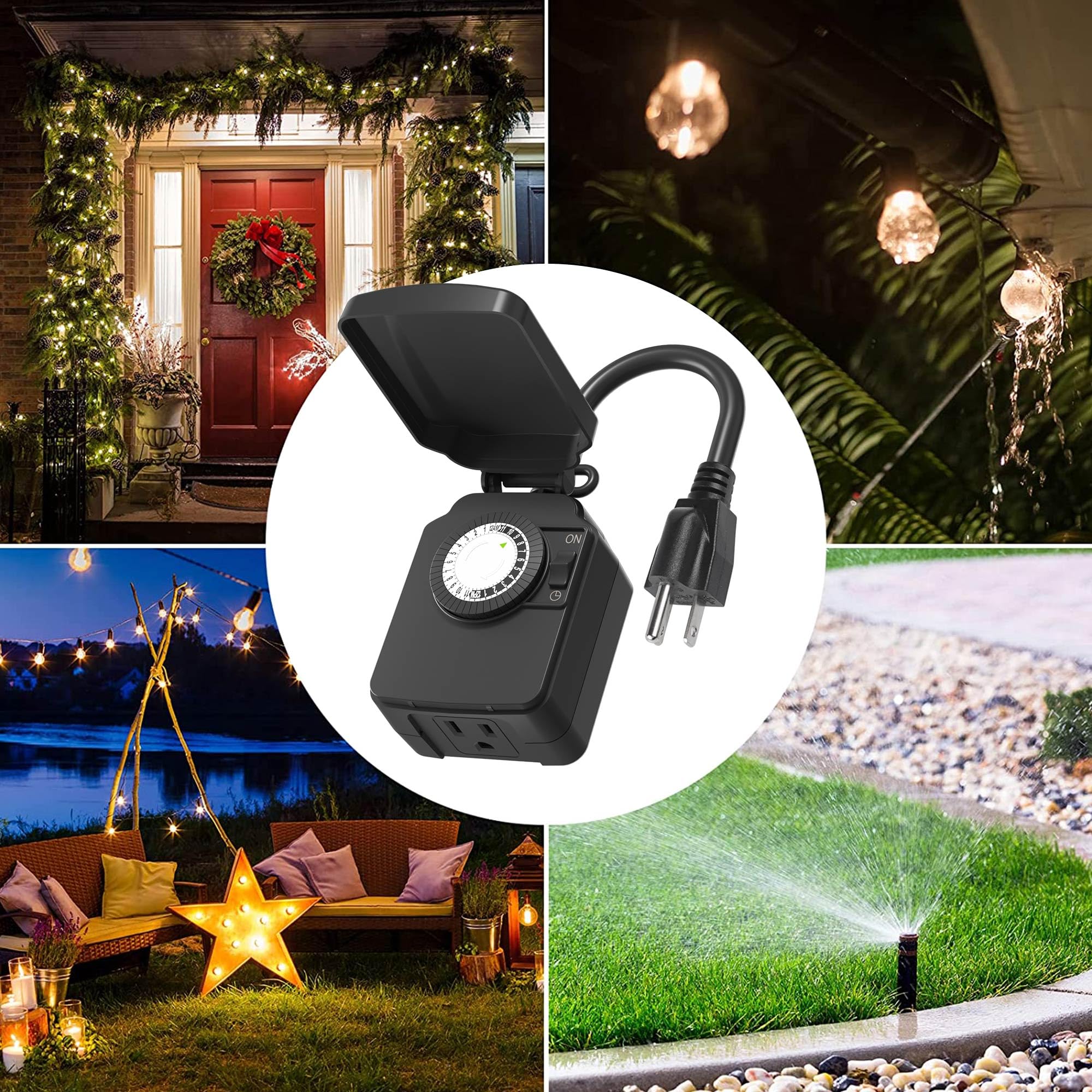 BN-LINK 24-Hour Heavy Duty Outdoor Timer Plug (2 Pack) - Waterproof Mechanical Light Timer with Grounded Outlet for String Lights, Halloween Decor, Christmas Lights & Outdoor Decorations - 15A 1/2HP - Perfect for Patio, Garden, Yard & Holiday Lighting