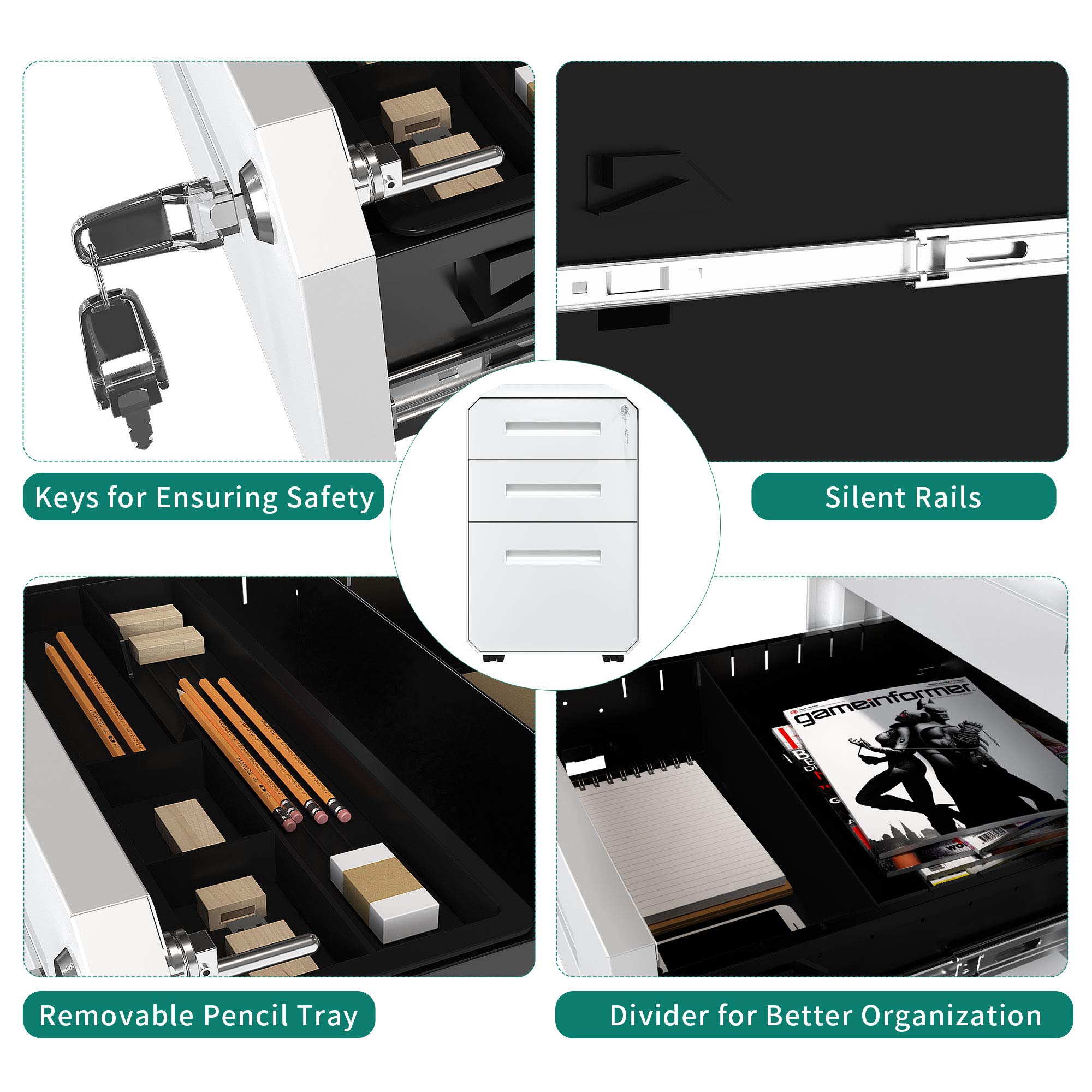 YITAHOME 3-Drawer Locking File Cabinet with Divider & Pencil Tray - Portable Metal Office Storage Cabinet for Documents, Files & Supplies - Perfect for Home Office, Workplace & School Organization (White)