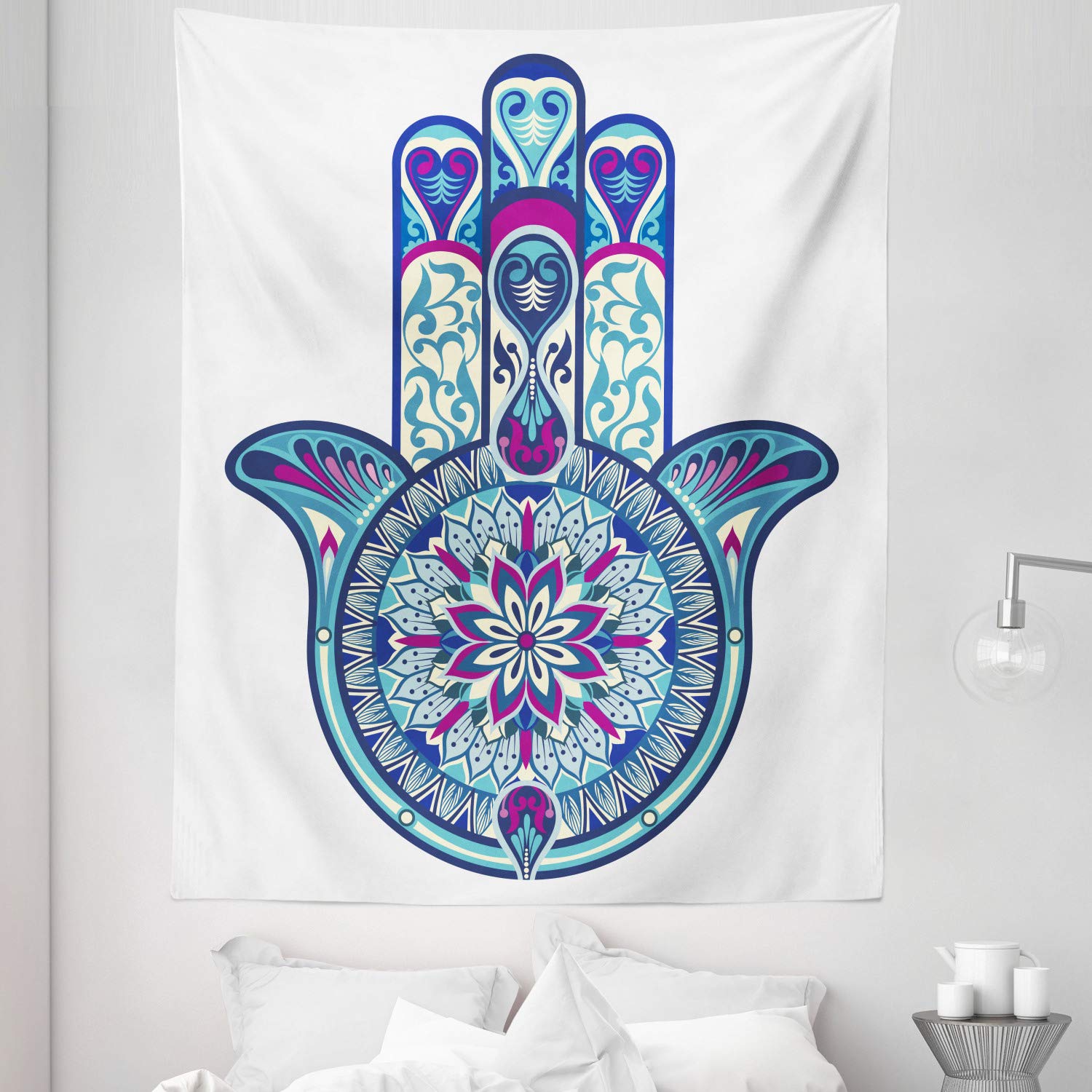 Ambesonne Hamsa Tapestry Twin Size 68x88 Inches - Retro Turkish Wall Hanging, Bedspread & Bed Cover - Pale Blue Purple Boho Decor for Bedroom, Dorm, Living Room