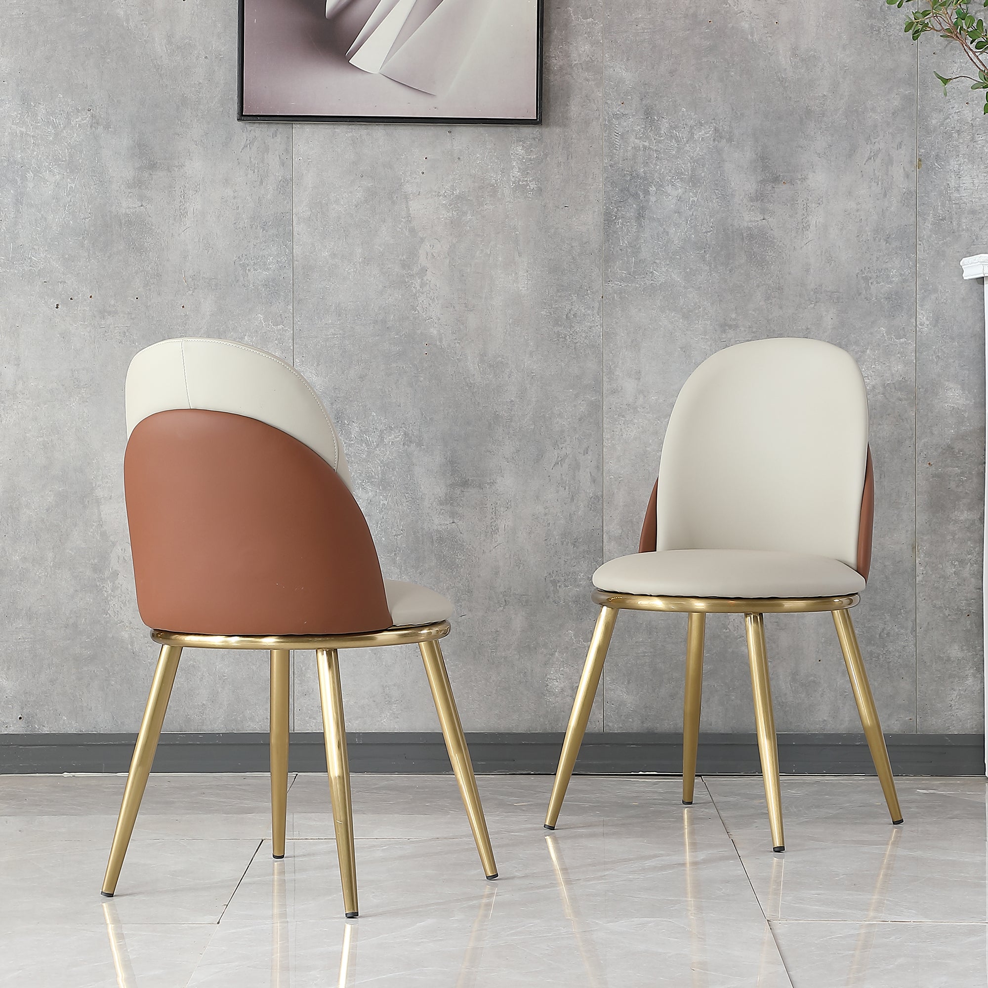 Modern PU Leather Dining Chairs Set of 2 with Gold Metal Legs - Beige Kitchen & Dining Room Furniture for Home, Restaurant, and Office Use