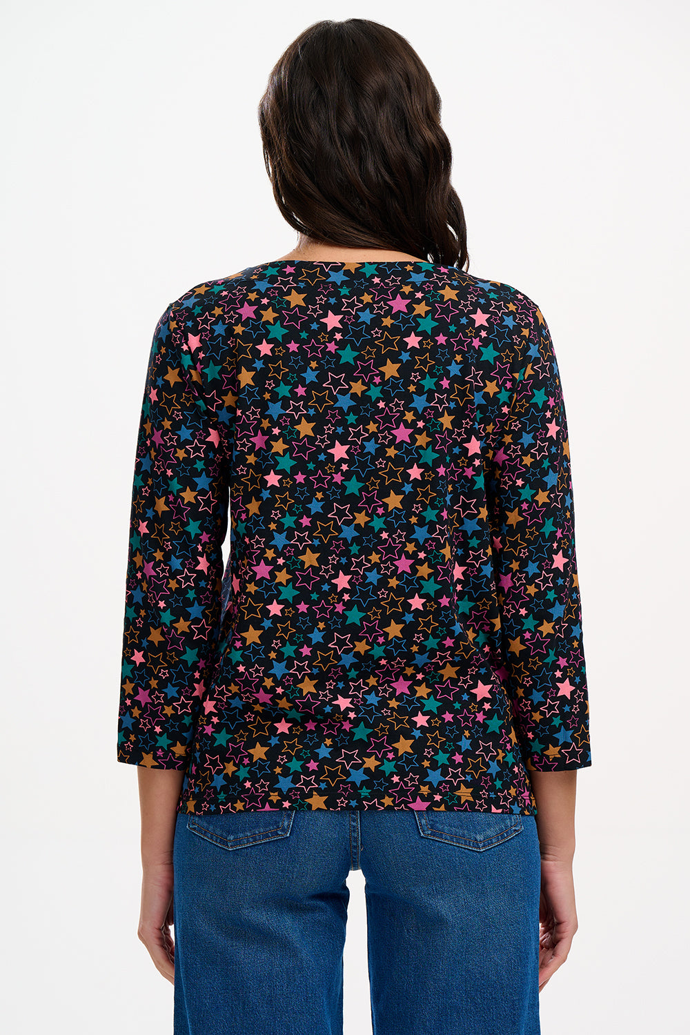 Noor Jersey Top for Women - Black with Multi Star Cluster Print - Soft Stretch Casual T-Shirt for Everyday Wear, Layering & Street Style Outfits