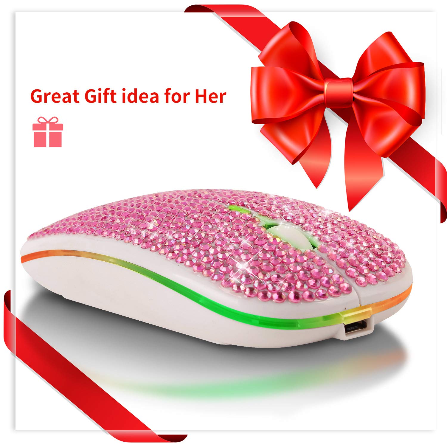 Wireless Bluetooth Mouse with USB Receiver - 2.4GHz Rechargeable Slim Mouse for Laptop, PC, MacBook - Sparkling Pink Design - Perfect Gift for Women & Girls (Home, Office, Travel Use)