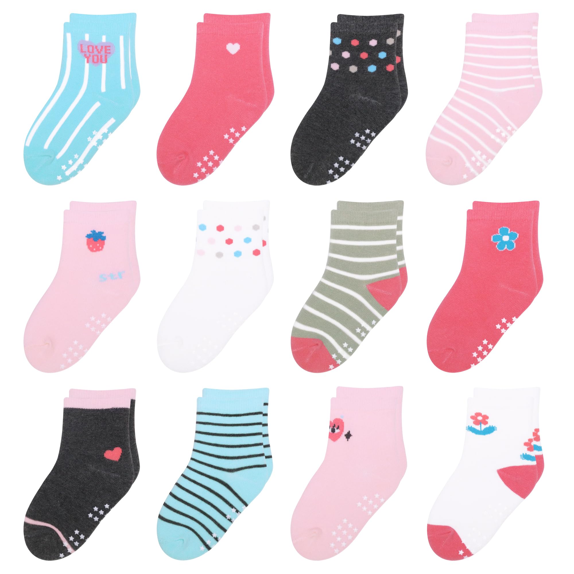 12 Pack Non-Slip Baby Socks with Grips for Boys & Girls 1-7 Years - Soft Cotton Crew Socks in Multi Colors - Perfect for Playtime, Learning to Walk & Everyday Wear