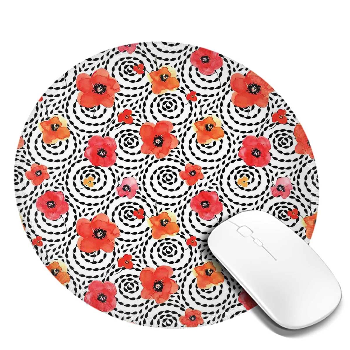 Round Gaming Mouse Pad with Non-Slip Rubber Base - Waterproof Modern Pattern Design (Watercolor Petals & Spirals) - 7.9×7.9×0.12 Inches - Perfect for Office, Home & PC Gaming Setup