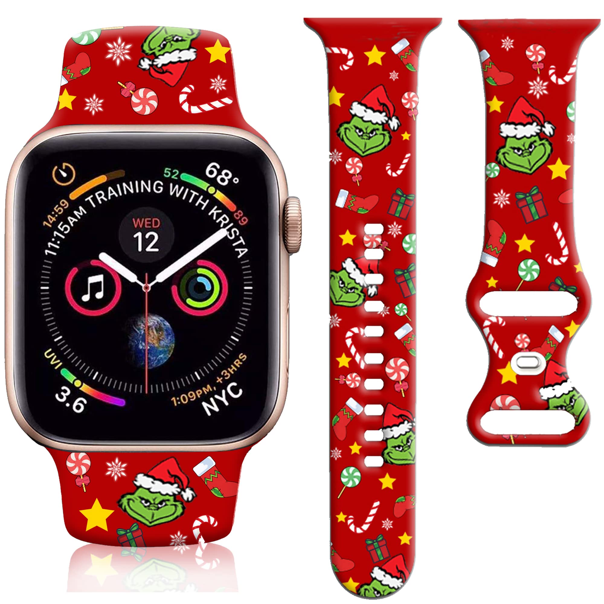 Christmas Holiday Apple Watch Bands 38mm 40mm 41mm 42mm 44mm 45mm - Soft Silicone Cute Fadeless Strap Compatible with iWatch Series 7/6/5/4/3/2 for Women Men Kids - Perfect for Holiday Gifts, Party Wear & Everyday Fashion Accessories