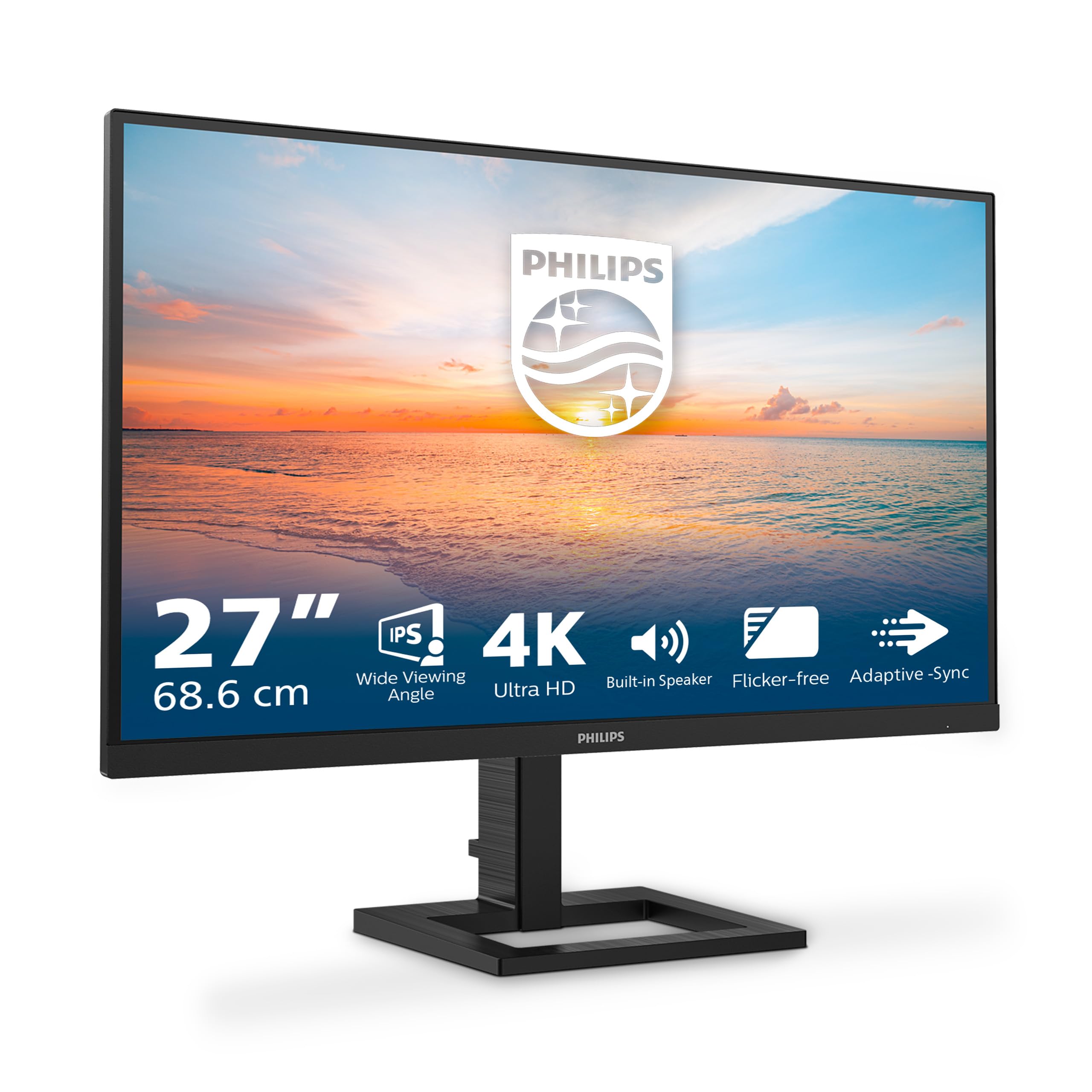 Philips 27E1N1900AE 27-Inch Ultra HD Monitor - 4K 3840x2160, Height Adjustable, Built-in Speakers, HDR10, 60Hz, 2x HDMI 2.0, USB-C (65W PD), USB Hub - Black | Perfect for Home Office, Gaming & Graphic Design