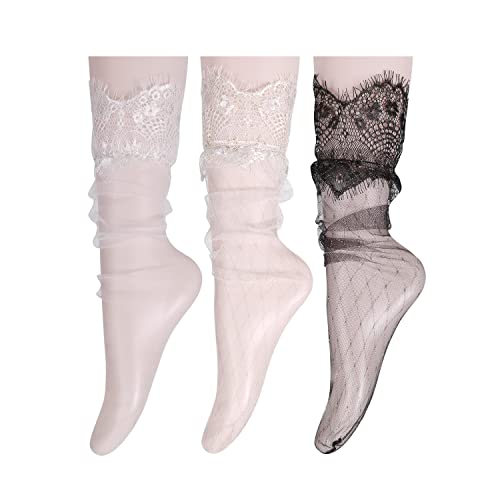 3 Pack-flower Lace Top, Glitter Argyle Fishnet, Black White