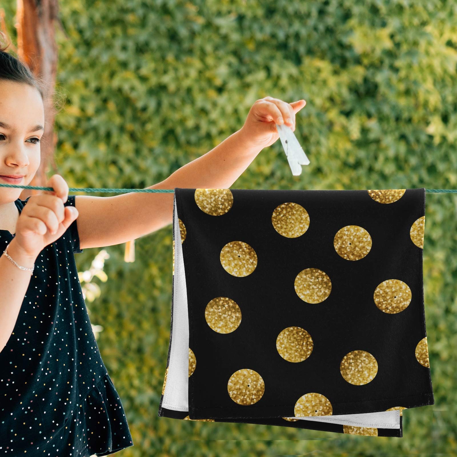 Qilmy 2-Piece Bath Towel Set - Super Absorbent Soft Cotton Towels for Bath, Face, Hand & Gym - Polka Dot Gold & Black - Perfect for Home, Shower & Travel Use