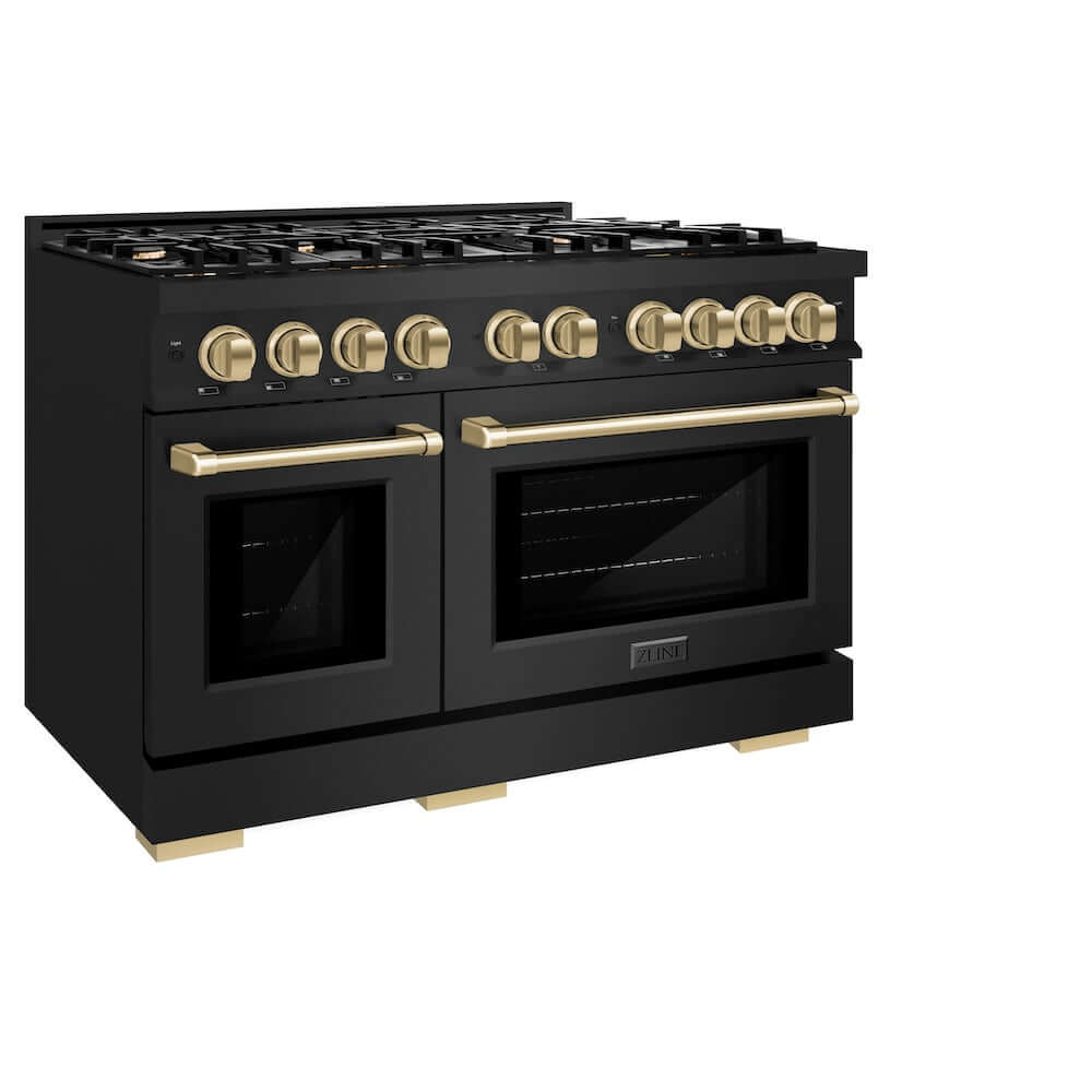 ZLINE Autograph Edition 48-Inch 6.7 cu. ft. Professional Double Oven Gas Range with 8-Burner Cooktop - Black Stainless Steel & Champagne Bronze Accents (HGRBZ 48 CB) for Home Chefs & Modern Kitchens