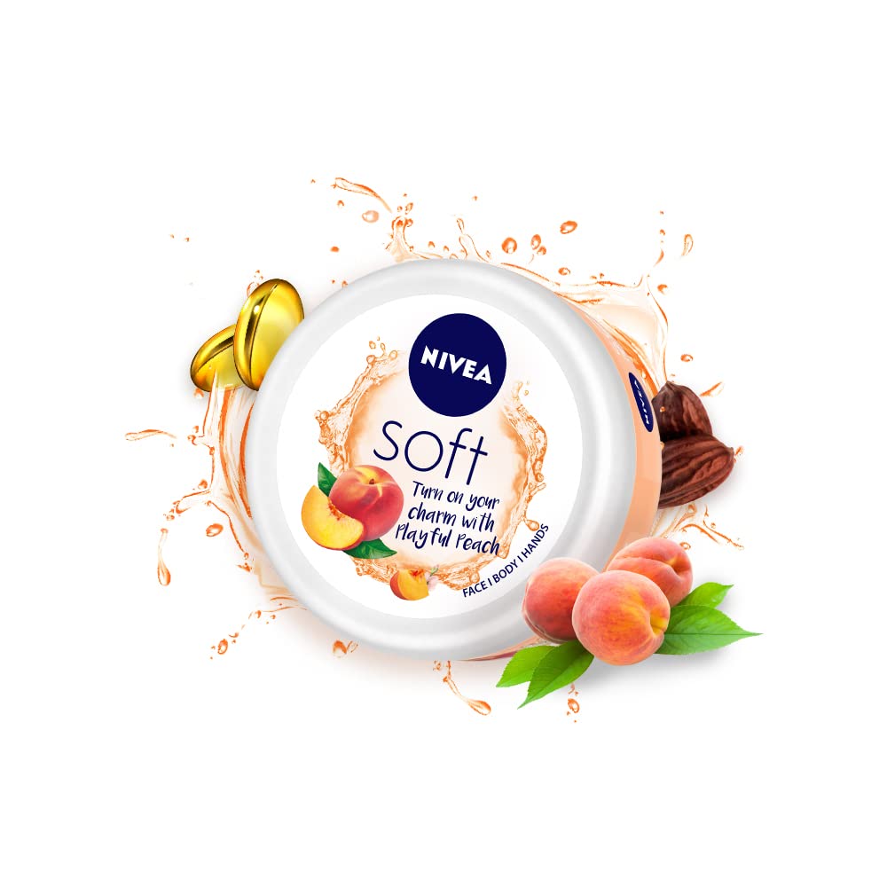 NIVEA Soft Light Moisturizing Cream 200ml - Playful Peach Scent | Face, Hand & Body Lotion with Vitamin E & Jojoba Oil | Non-Greasy Hydration for All Skin Types | Perfect for Daily Use, Travel & Dry Skin Care