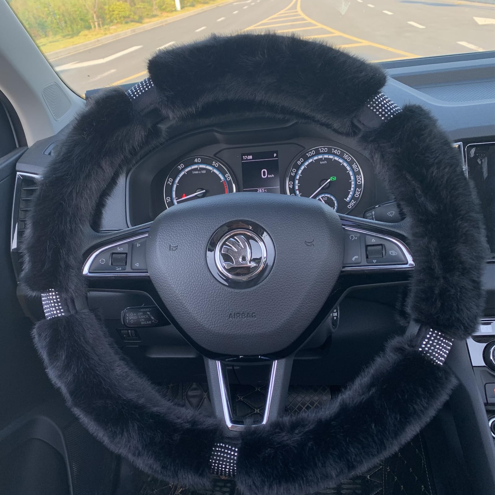 Fluffy Rhinestone Steering Wheel Cover - 15 Inch Universal Winter Warm Car Accessory for Women & Girls (Black) | Soft & Stylish for Cold Weather Driving Comfort