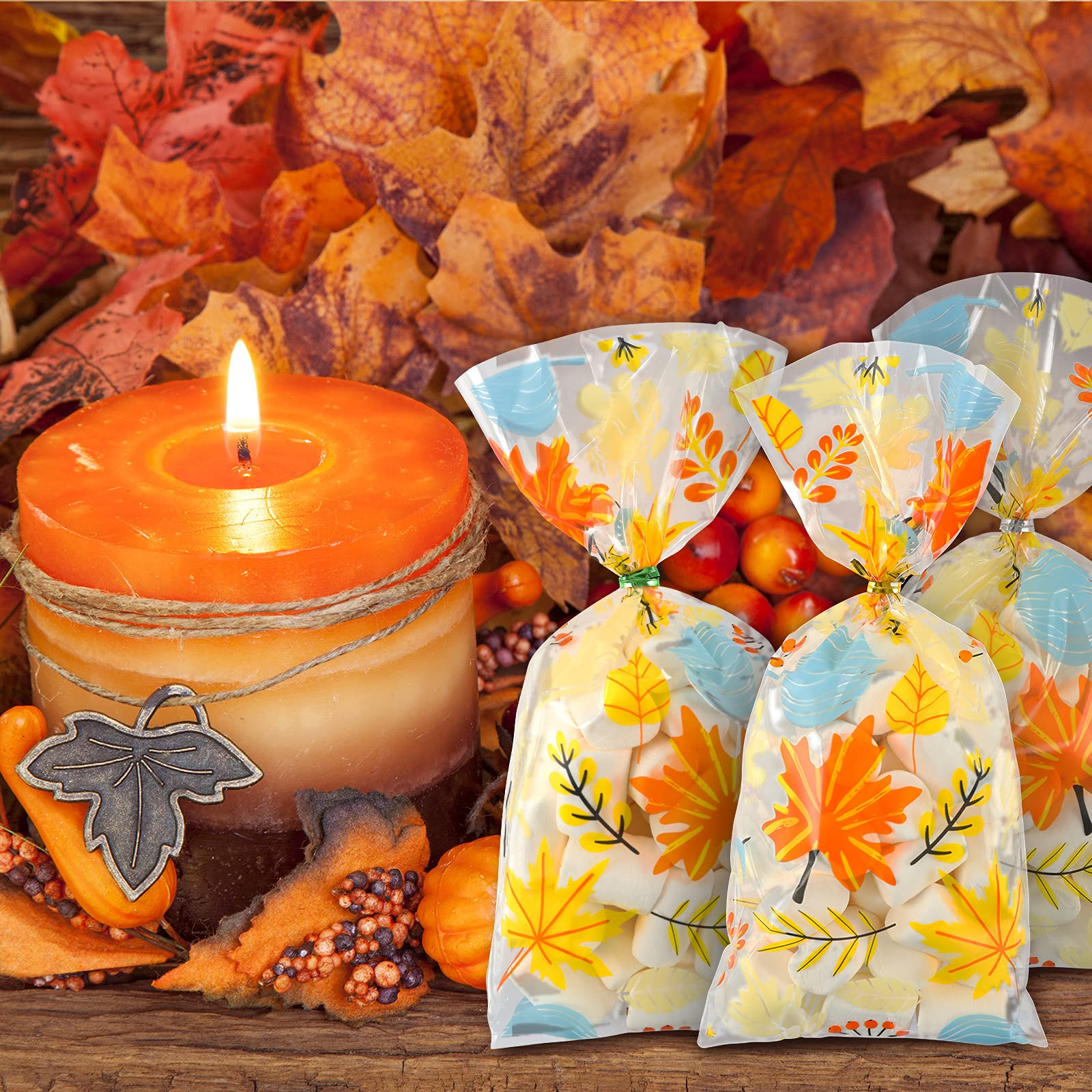 Whaline 120Pcs Fall Cellophane Bags with Maple Leaves - Party Favor Bags for Thanksgiving, Candy & Gifts