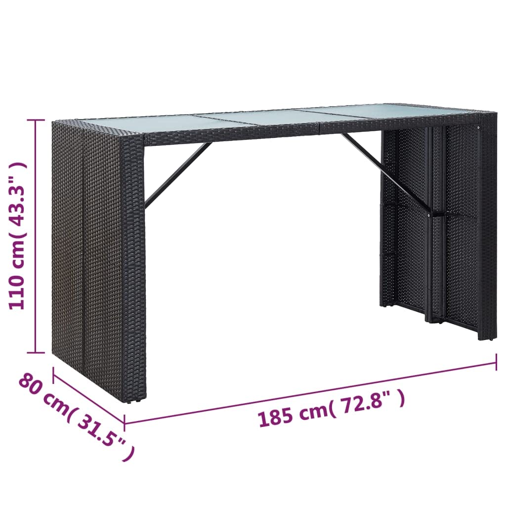vidaXL 7-Piece Patio Bar Set with Glass Tabletop & Cushions - Black Poly Rattan Outdoor Bar Table & Conversation Set for Backyard, Poolside & Garden Relaxation