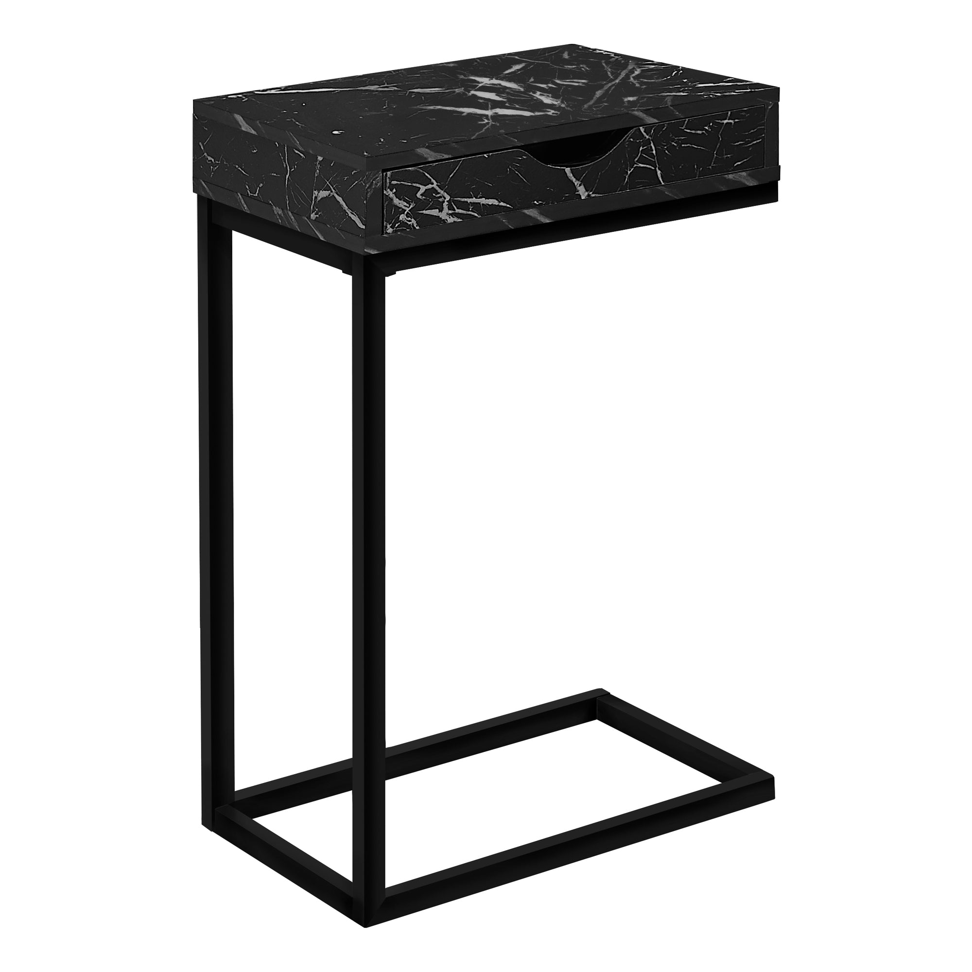 Black Marble Accent Table with Drawer - Modern Side Table for Living Room, Bedroom, or Entryway - Black Metal Frame & Elegant Design