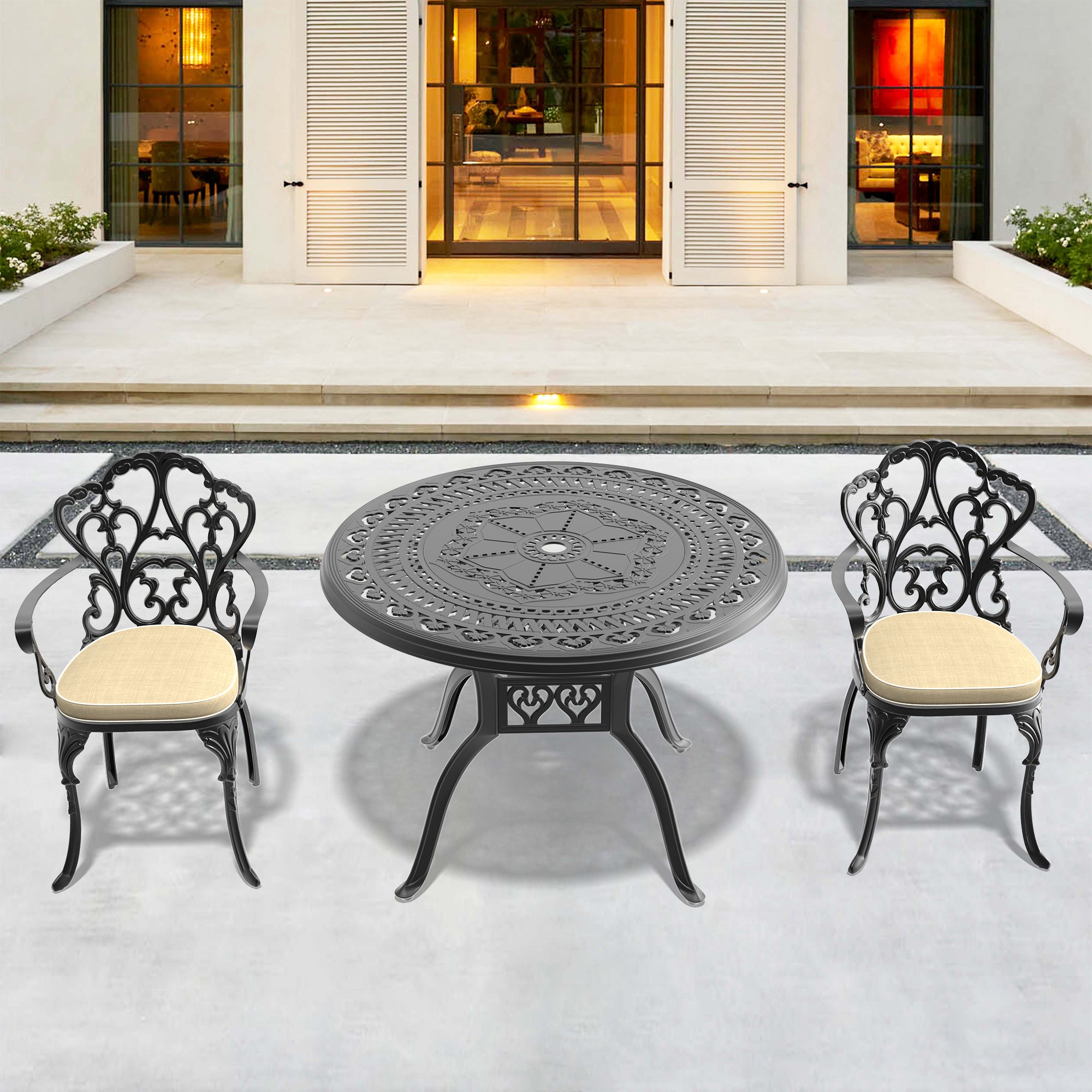 3-Piece Cast Aluminum Patio Furniture Set with Cushions (Random Colors) - Outdoor Dining & Lounge Set for Garden, Poolside, and Backyard Relaxation