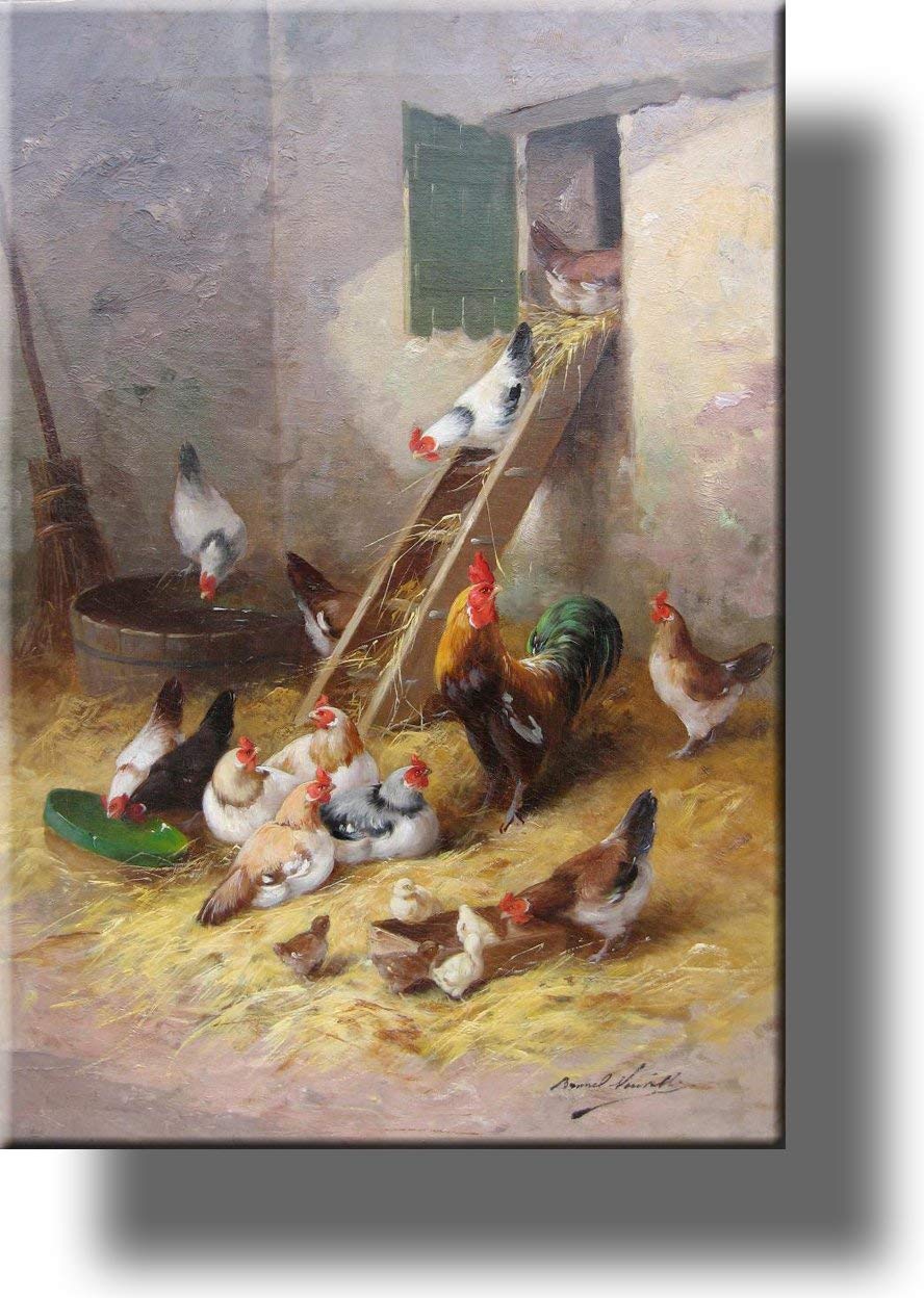 Rooster Hens Chicks Canvas Wall Art - Farmhouse Decor for Living Room