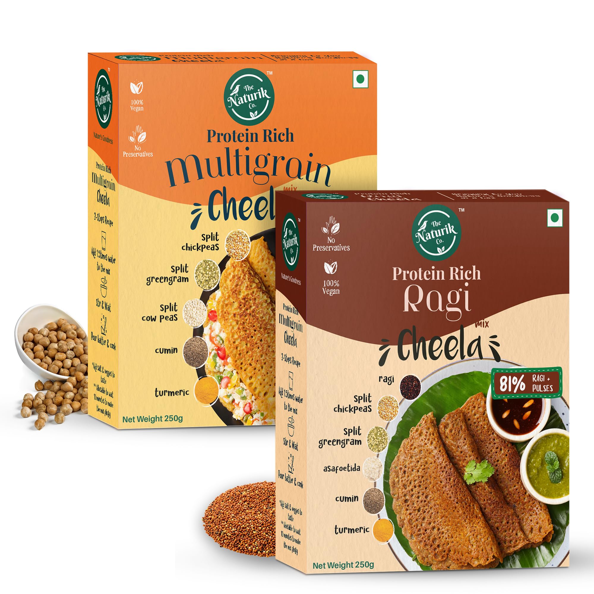 The Naturik Co Ragi & Multigrain Cheela Mix Combo 250g (Pack of 2) - Ready to Cook Instant Dosa/Chilla Mix | Healthy Breakfast & Snack for Kids & Adults | Gluten-Free Multigrain Pancake Mix | Perfect for Quick Meals, Office Lunch & Family Gatherings | As Seen On Shark Tank