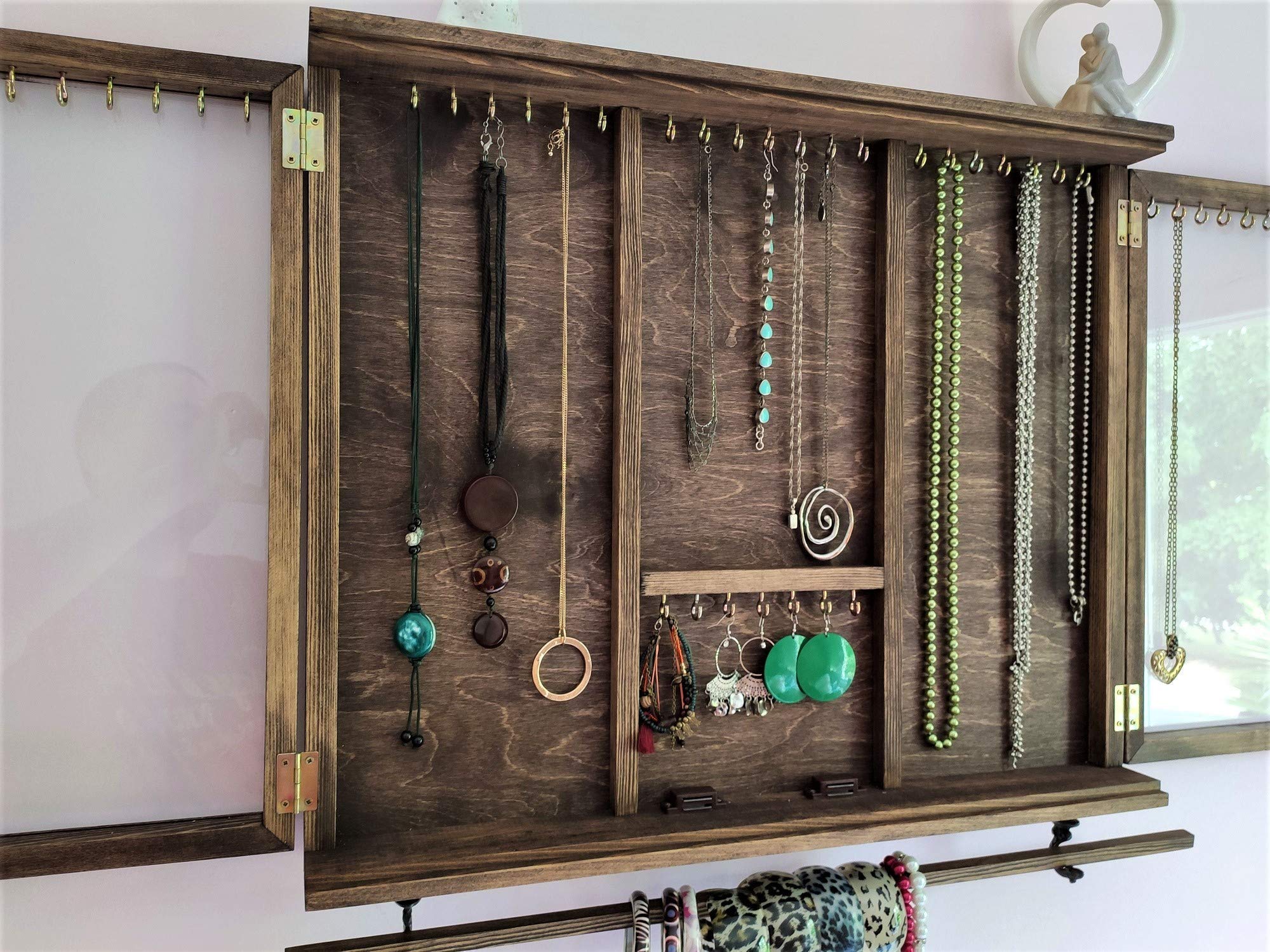 Large Solid Wood Jewelry Cabinet with Glass Door - Wall Mounted Earring Organizer & Necklace Display - Perfect for Bracelets, Rings & Jewelry Storage - Elegant Chocolate Finish - Ideal for Bedroom, Closet or Dressing Room Organization