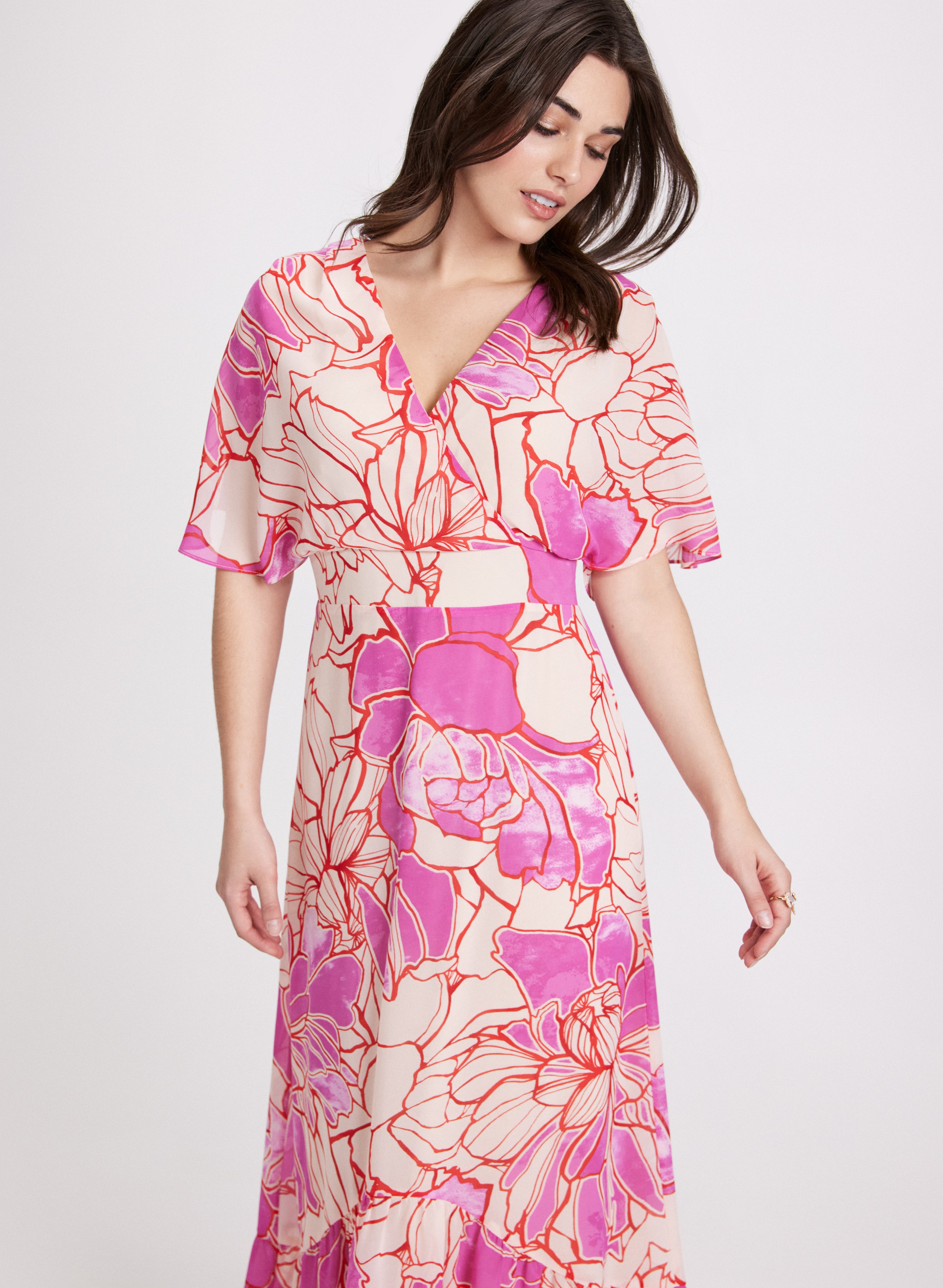 Elegant Floral Chiffon Dress for Women - Summer Boho Maxi Dress with V-Neck & Flowy Sleeves | Perfect for Beach Vacations, Weddings & Date Nights