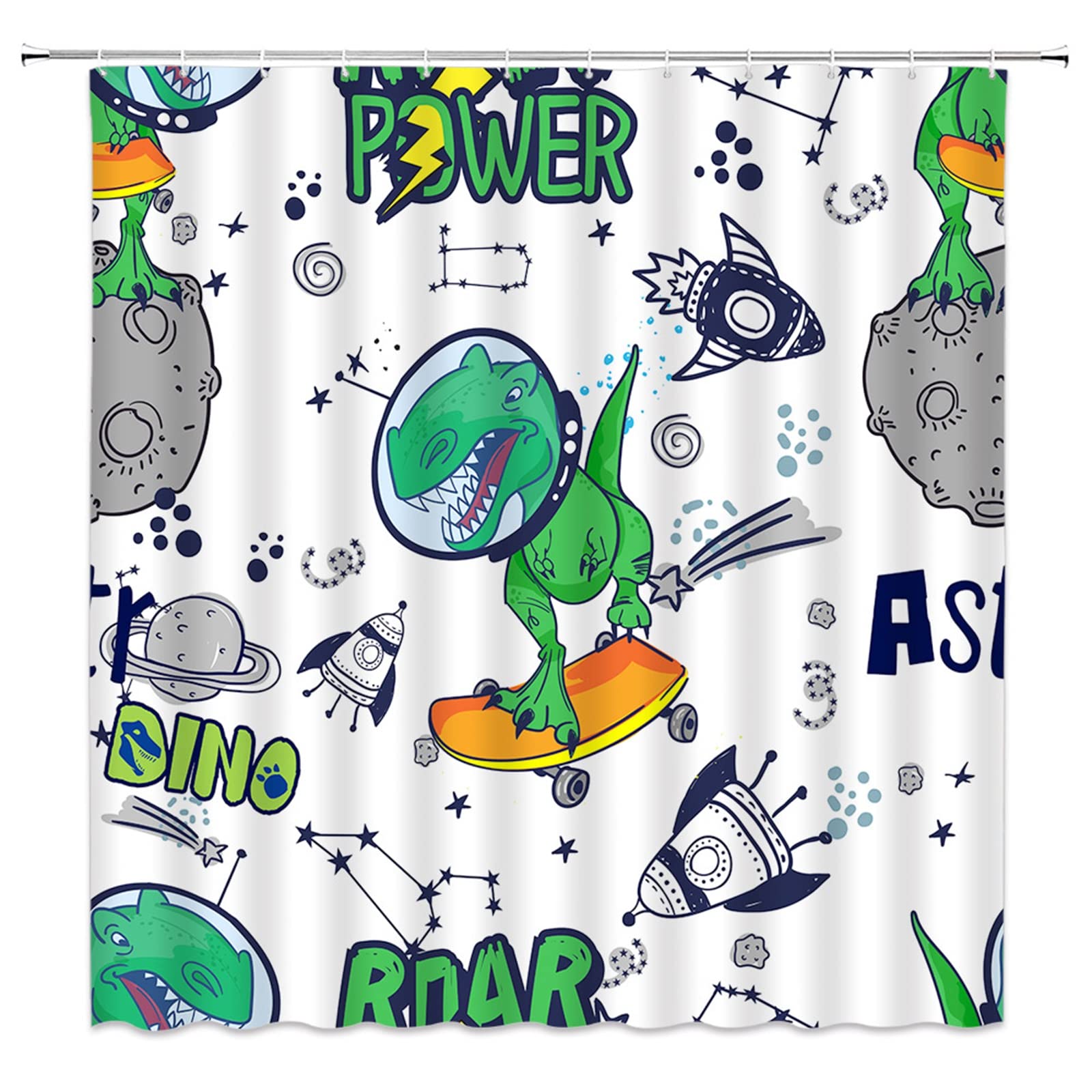 Dinosaur Shower Curtain - Cartoon Funny Animal Astronaut Skateboard in Outer Space with Rocket & Solar System Planets - 70x70 Inch Fabric Bathroom Decor Set with Hooks - Perfect for Kids & Teen Boys Room, Space Theme Bathroom