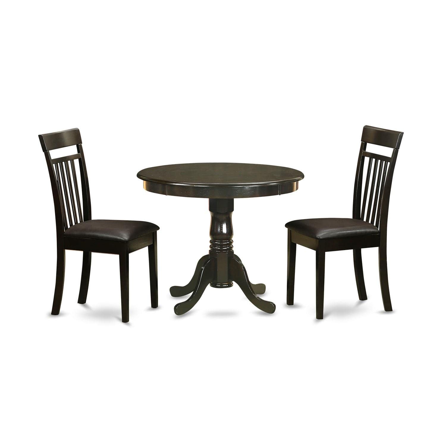 East West Furniture ANCA3-CAP-LC 3-Piece Round Dining Table Set with Pedestal Base & 2 Faux Leather Chairs, 36x36 Inch, Cappuccino - Perfect for Small Kitchens, Breakfast Nooks & Cozy Apartments