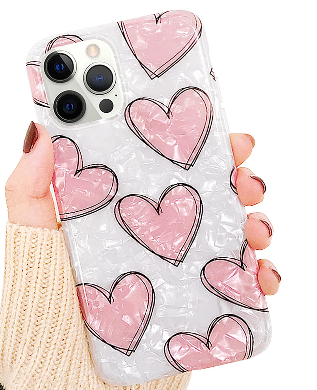J.West iPhone 12 Pro Max Case - Slim Pink Love Hearts Print, Sparkly Glitter Soft Silicone Protective Cover for Women & Girls | Valentine's Day Gift, Everyday Use, Fashion Accessory