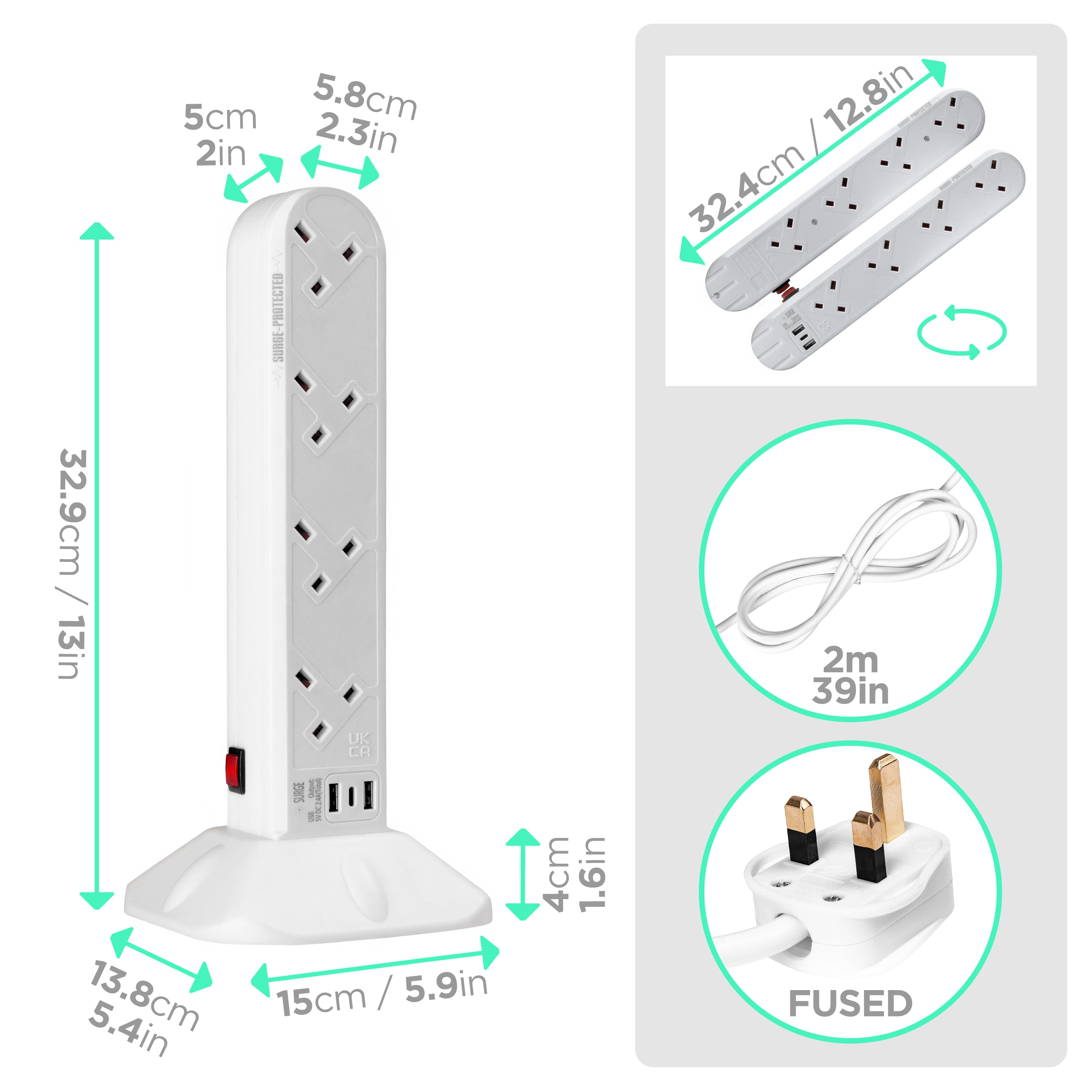 Duronic 8-Way Surge Protected Extension Lead with 2 USB Ports & 1 USB-C | UK Plug Multi Outlet Tower | Long White Power Cord for Home, Office & Travel Charging