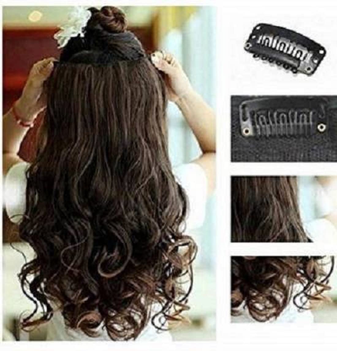 Natural Light Brown Curly Clip-In Hair Extensions 24 Inch with Golden Highlights | 5-Clip Wavy Human Hair Extensions for Volume & Length | Perfect for Parties, Weddings & Everyday Styling