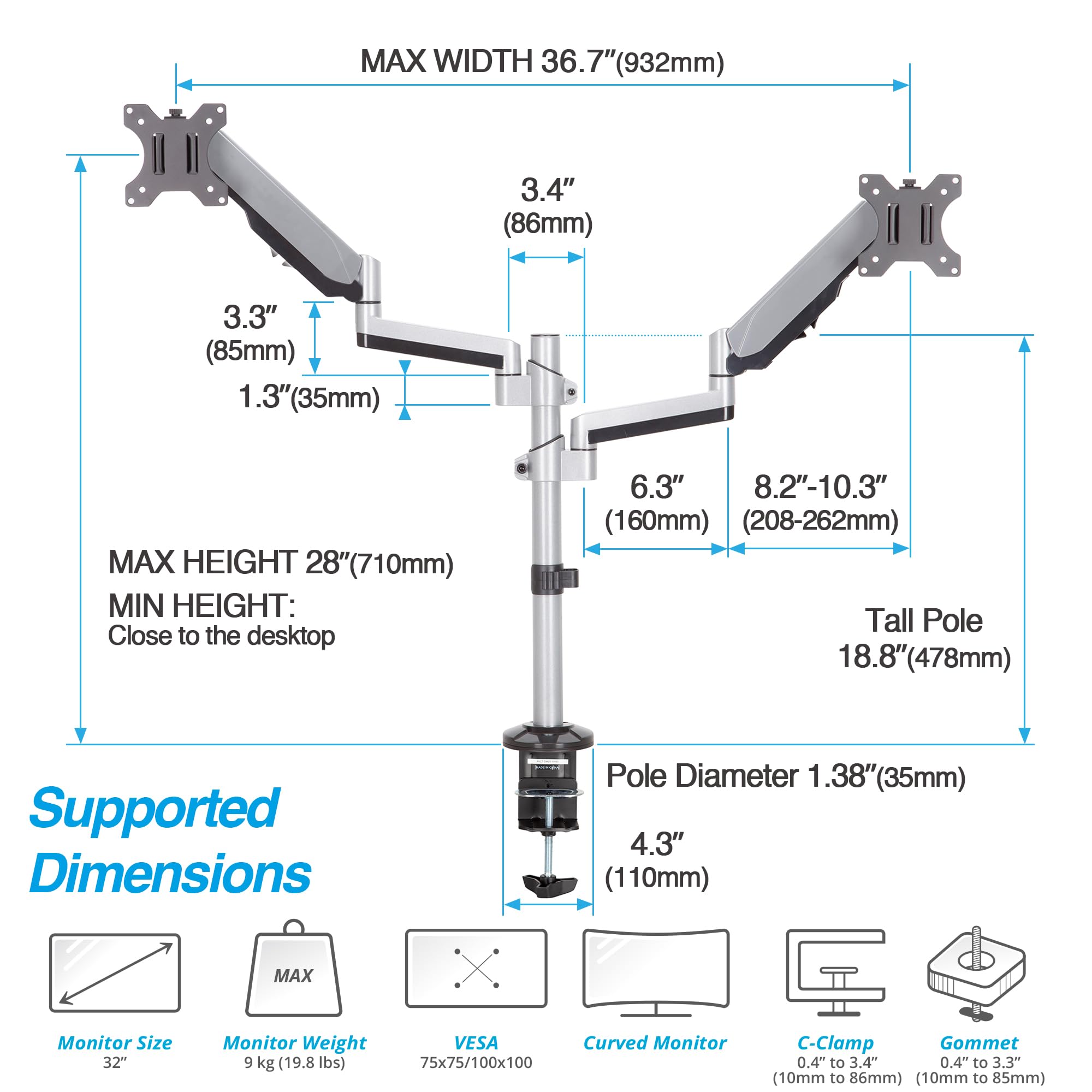 AVLT Dual Monitor Arm Desk Mount for 13