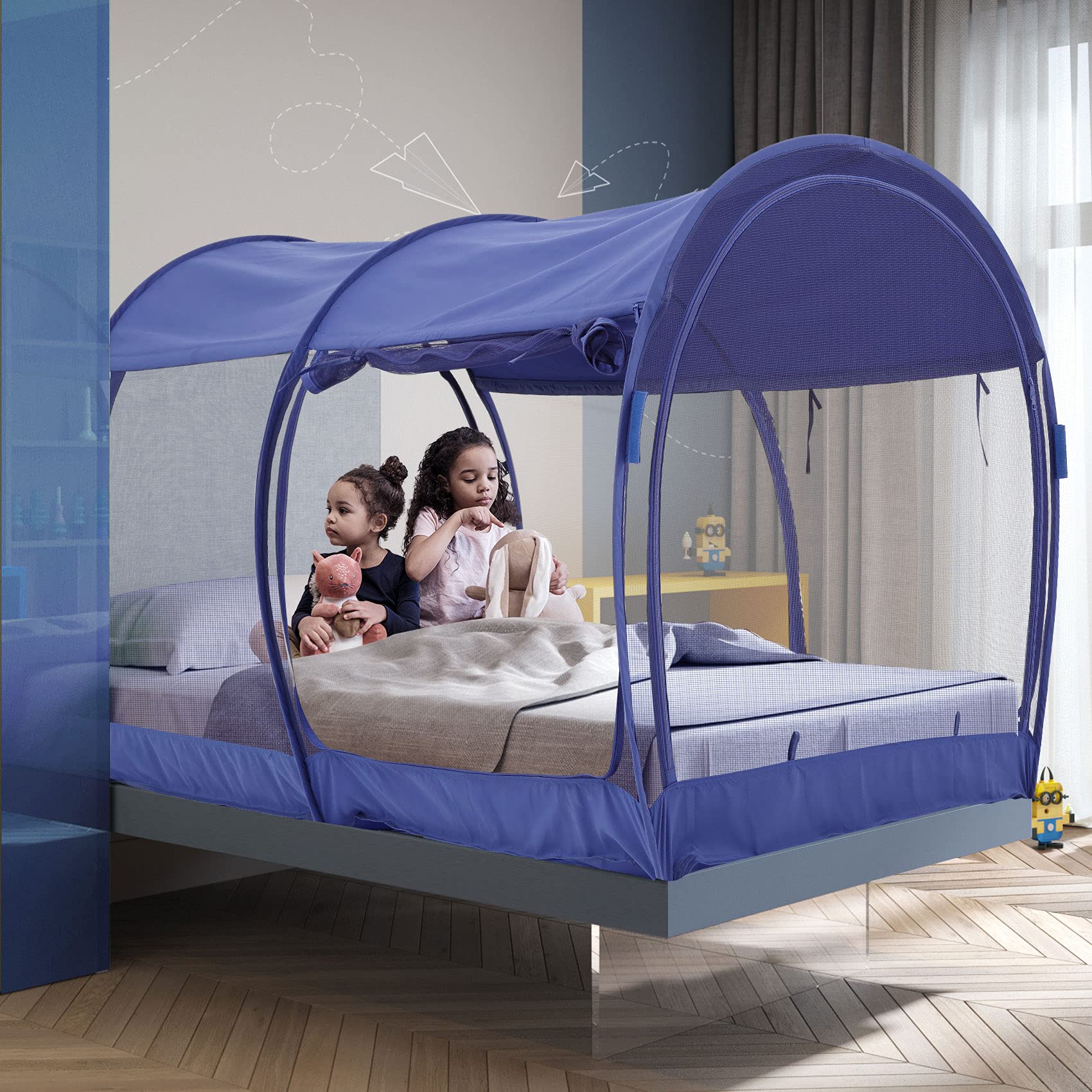 Alvantor Full Size Mosquito Net Bed Canopy - Breathable Pop Up Bed Tent for Indoor Use, Portable Privacy Sleeping Space with Frame, Navy Blue (Mattress Not Included) - Perfect for Camping, Travel, Dorm Rooms & Home Privacy Protection