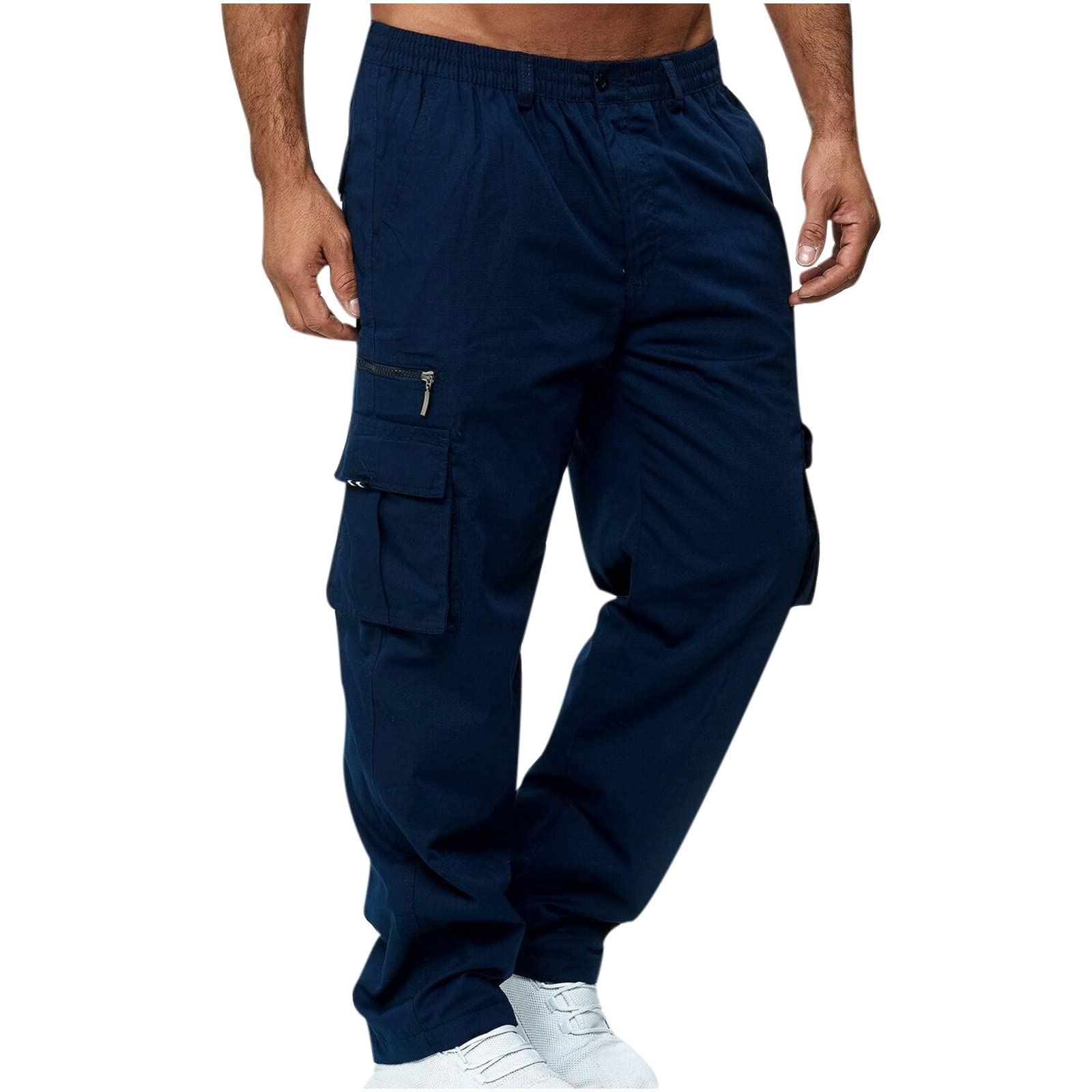 **Men's Long Cargo Pants - 6 Pocket Workwear Trousers with Elastic Waist | Durable Combat & Safety Pants for Outdoor, Hiking & Construction**