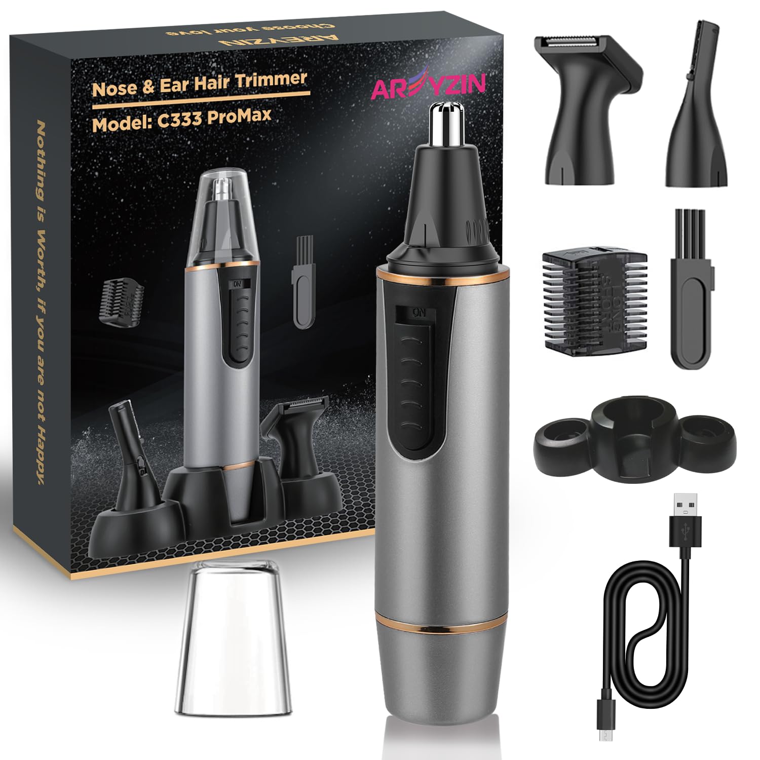 2024 Rechargeable Painless Nose Hair Trimmer for Men - Professional Dual Edge Blades with IPX7 Waterproof, Powerful Motor & Easy Cleaning (Grey Gold) - Perfect for Travel, Grooming Kits & Personal Care
