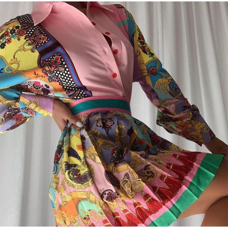 Stylish Women's Pink Lantern Print Short Sleeve Shirt & Pleated Skirt Set - Summer Slim Fit Outfit for Casual Wear, Date Night & Office Fashion
