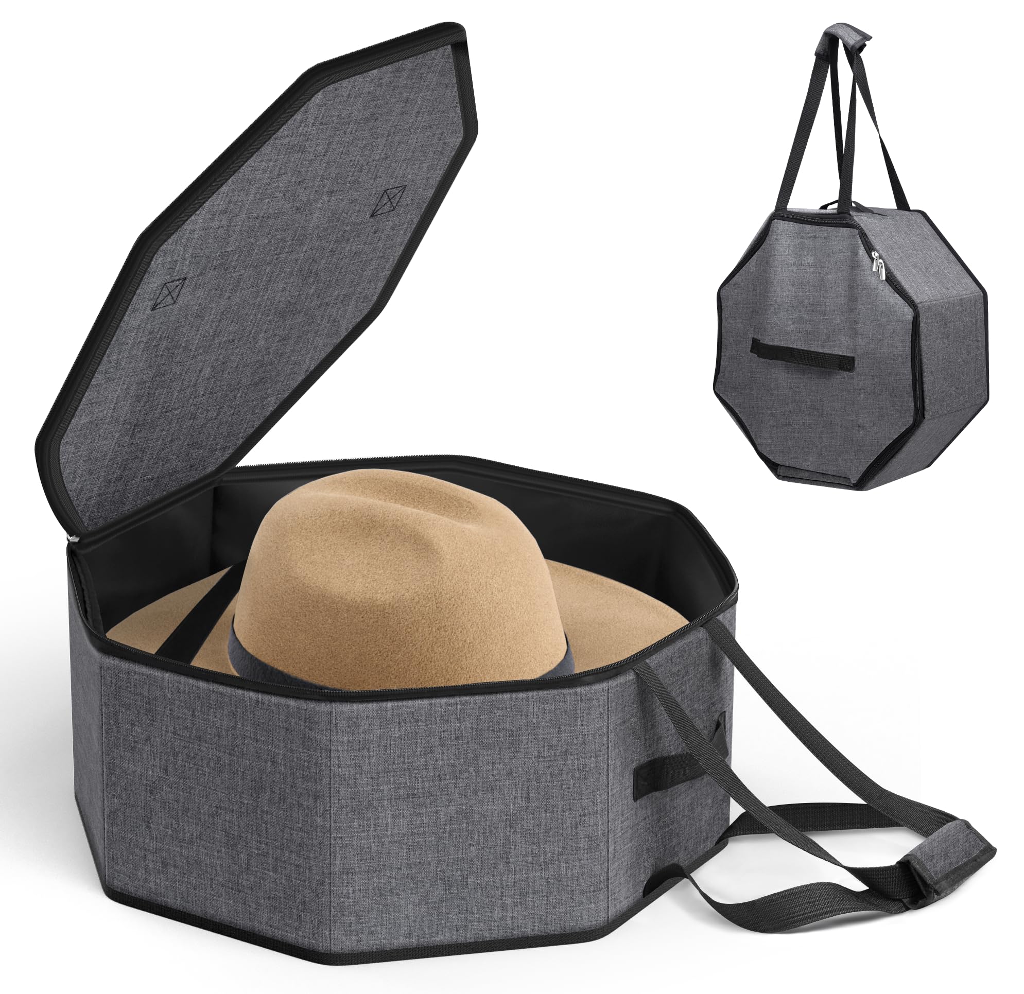 Collapsible Travel Hat Box for Women & Men - SLEEPING LAMB Cowboy Cap Organizer with Handles, Grey Storage Case for Closet & Large Hat Carrier | Perfect for Travel, Home Storage & Fashion Accessory Organization