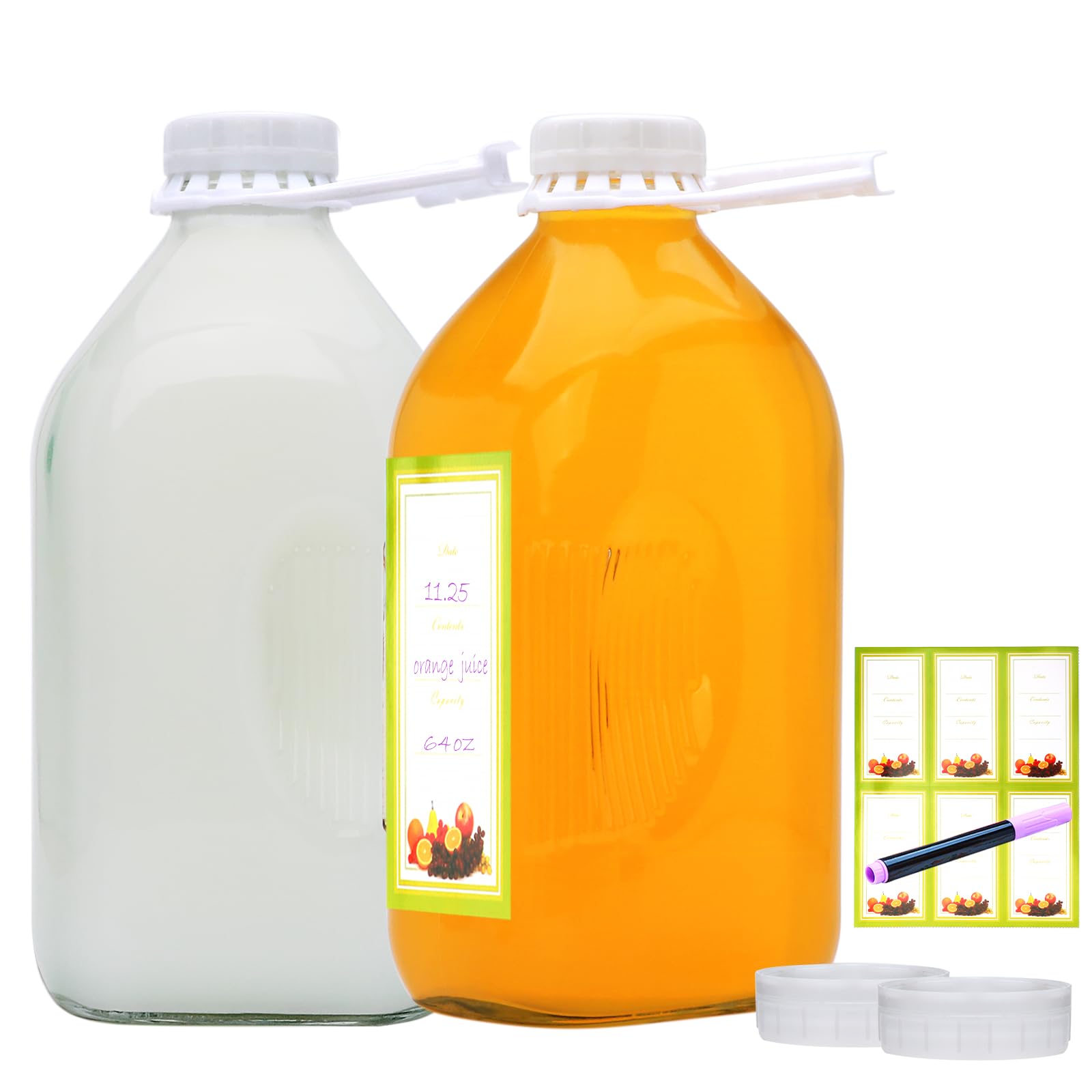 64oz Glass Milk Bottles with Airtight Lids - 2 Pack Reusable Clear Glass Jugs for Milk, Water, Juice, Syrup & Sauce - BPA-Free 2Qt Fridge Storage Containers - Perfect for Home, Kitchen, Office & Meal Prep