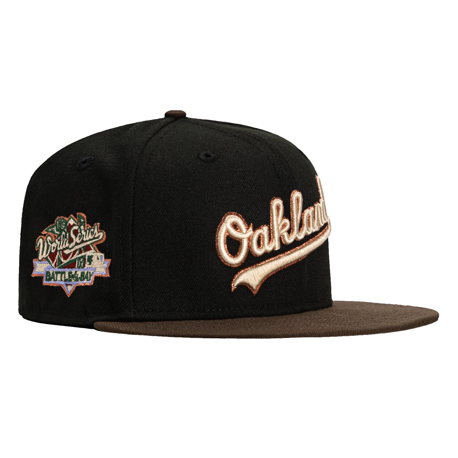 New Era 59Fifty Oakland Athletics Battle of the Bay Patch Script Snapback Hat - Black & Brown - Official MLB Baseball Cap for Men & Women - Perfect for Games, Streetwear & Sports Fan Collections