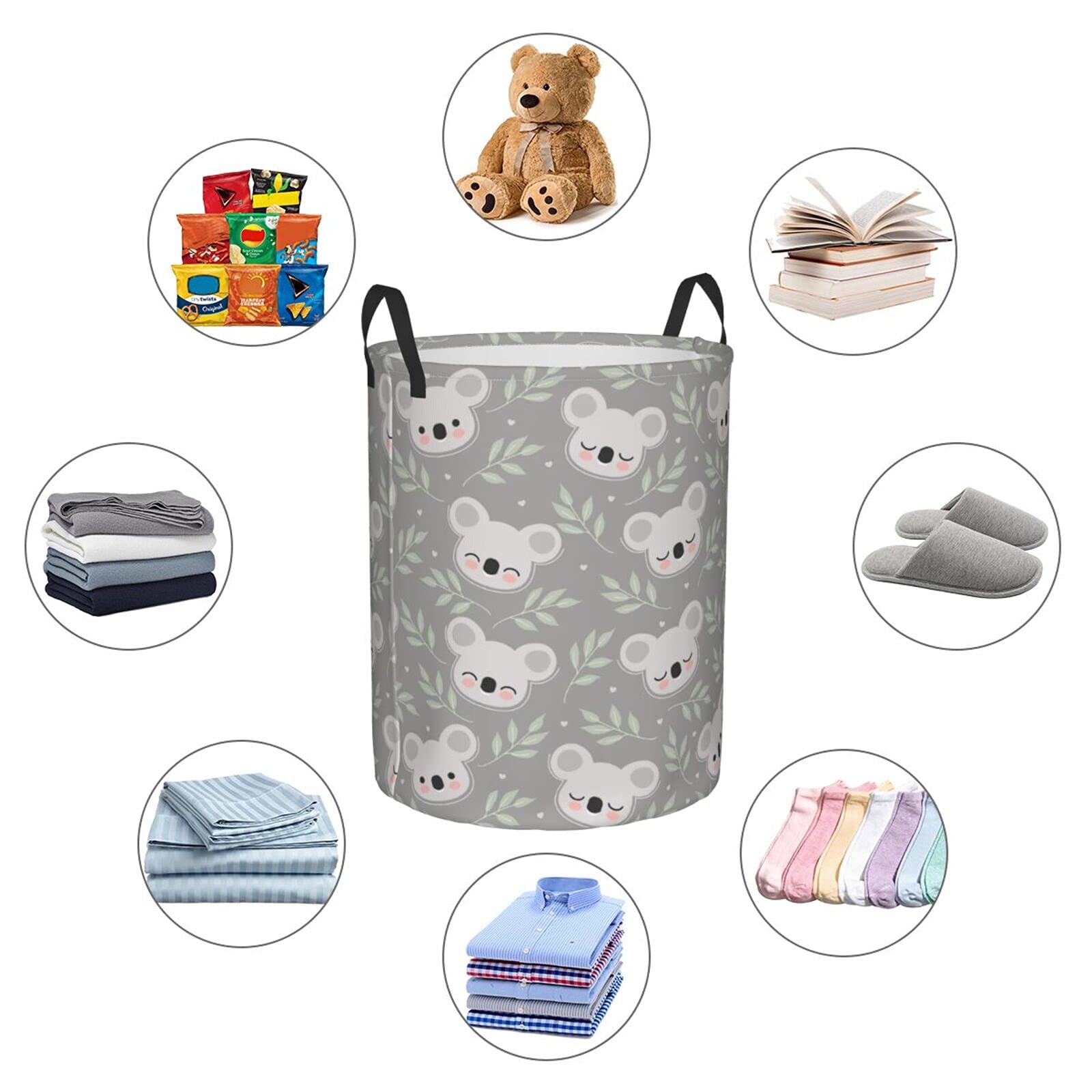 Foldable Waterproof Laundry Hamper with Handle - Large Collapsible Storage Basket for Clothes, Toys & Bathroom Organization | Cute Koala Leaves Design for Home, Dorm & Travel Use