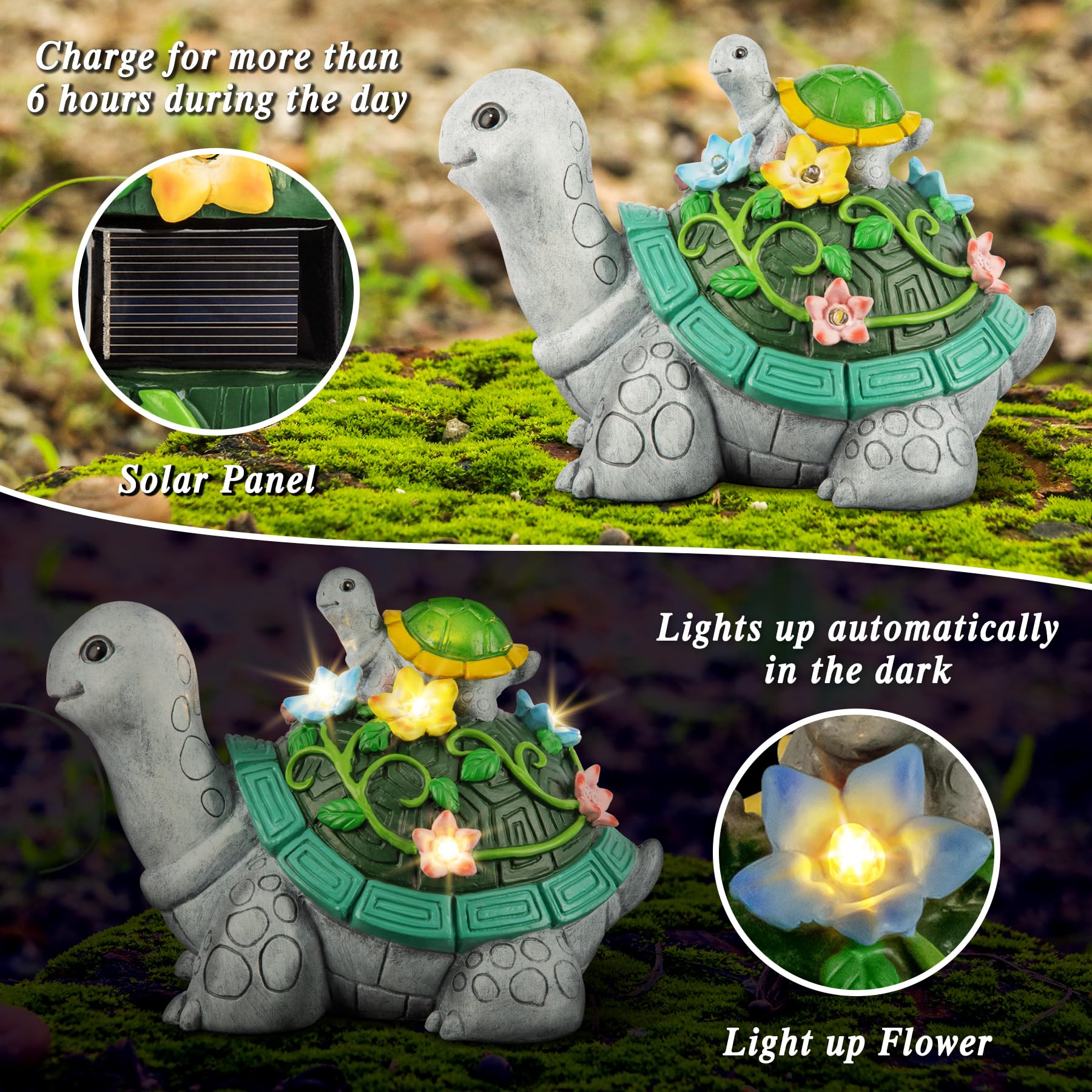 LESES Solar-Powered Turtle Garden Statue with 7 LED Lights - Cute Turtle & Baby Figurine for Outdoor Patio, Lawn & Yard Decor - Perfect Housewarming Gift for Mom & Grandma | Solar Garden Decor for Eco-Friendly Landscape Lighting