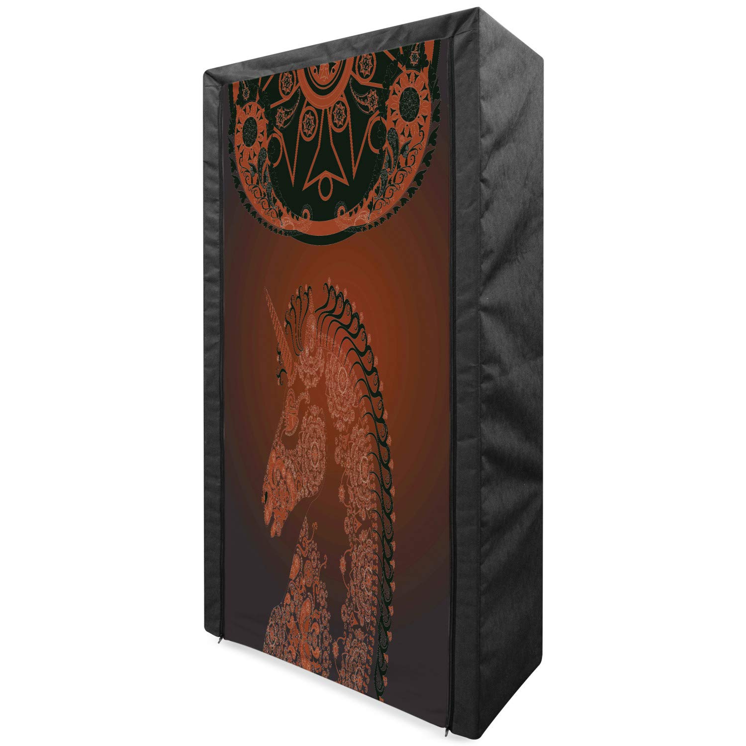 Ambesonne Unicorn Fabric Wardrobe - Portable Clothing Organizer with Exotic Laced Mandala Design, 33.5 Inch Burgundy Storage Closet with Shelves | Perfect for Bedroom, Closet Organization & Kids Room Decor
