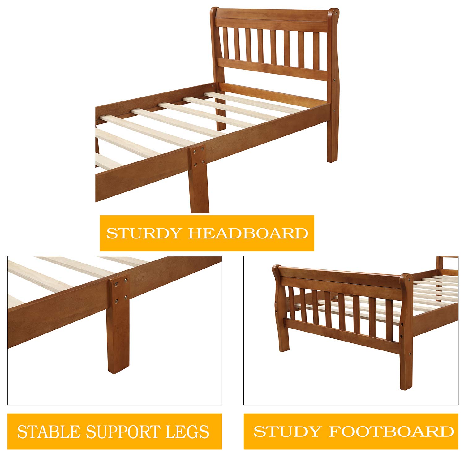 Solid Wood Twin Size Platform Bed Frame with Headboard & Footboard - Sturdy Wood Slat Support for Mattress - Classic Sleigh Design for Bedroom, Guest Room, or Dorm