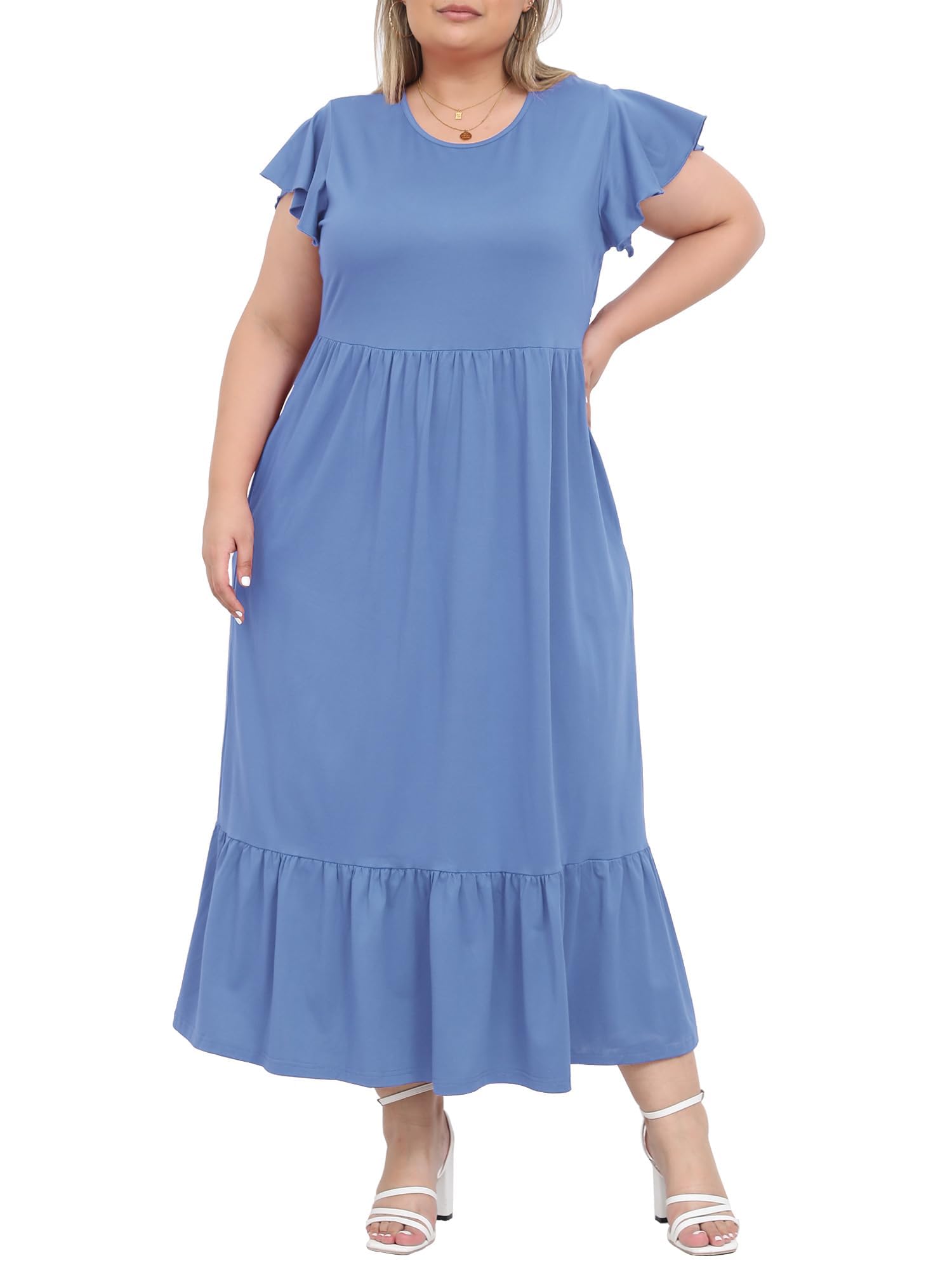 Moon Wood Women's 2025 Plus Size Casual Dress - Crew Neck Ruffle Short Sleeve Summer Maxi Dresses with Pockets - Perfect for Beach, Vacation & Everyday Wear