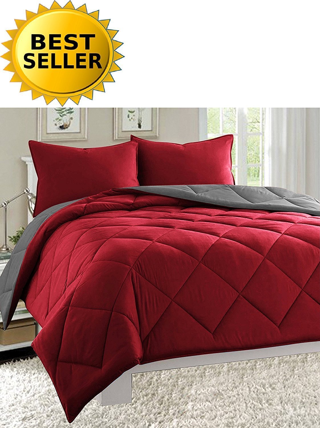 Luxury All-Season Lightweight Down Alternative Reversible 2-Piece Comforter Set - Diamond Stitched, Twin/Twin XL, Burgundy/Grey - Perfect for Bedroom, Guest Room & Dorm Comfort