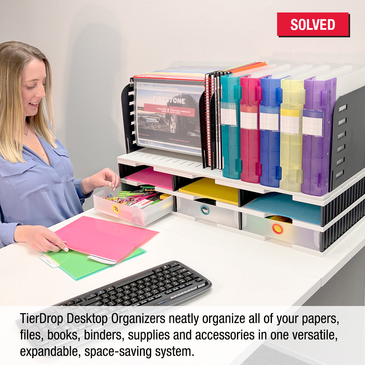 6-Tier Desktop Organizer with Hanging File Topper & 3 Drawers - Vertical Space Saving Document Organizer for Files, Binders & Office Supplies - Perfect for Home Office, Workspace & Study Desk Organization
