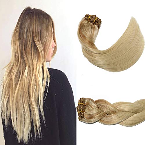 7pcs 22 Inch Clip-in Human Hair Extensions - Golden Brown to Bleach Blonde Balayage, 120g Silky Natural Thick Hair for Daily Styling & Special Occasions