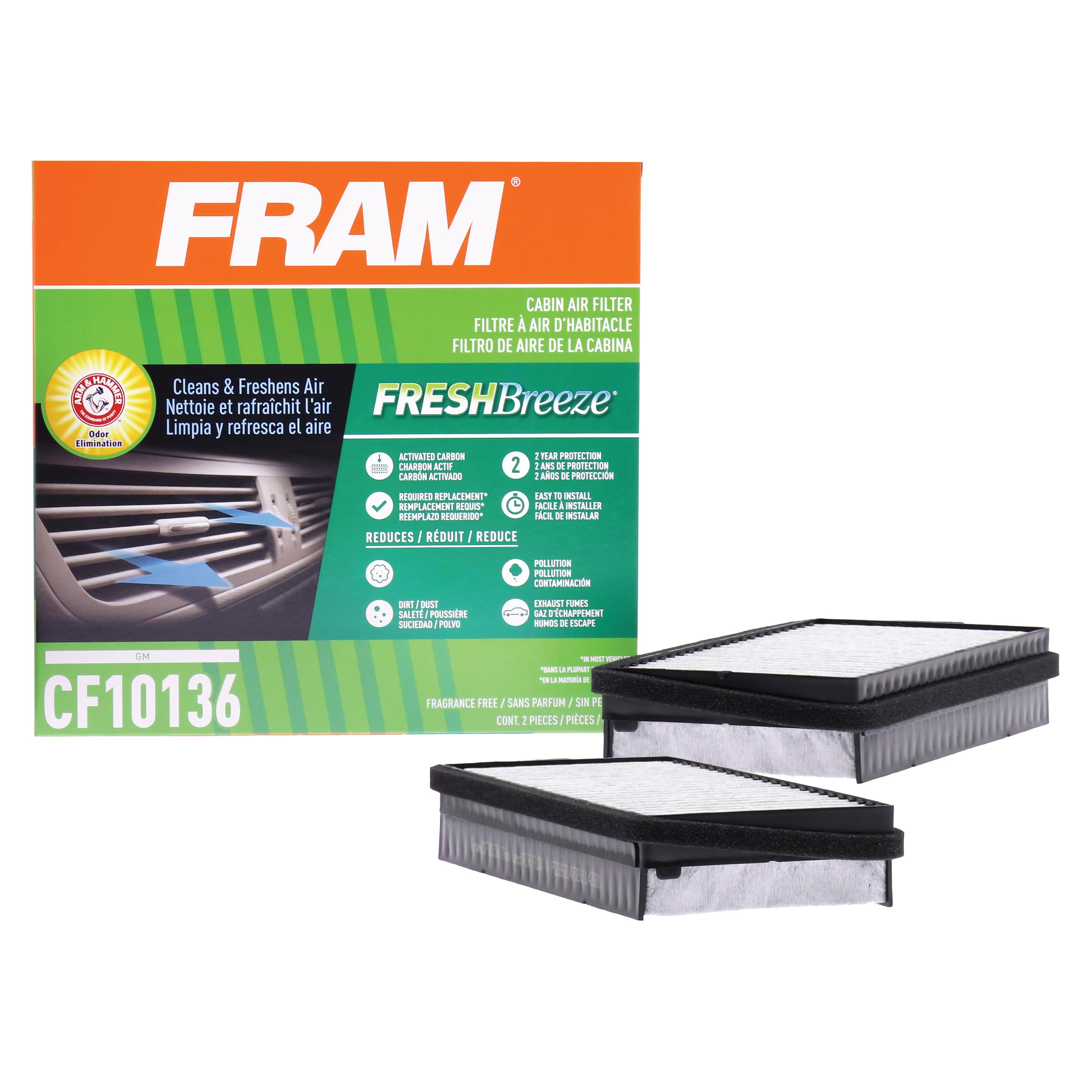 FRAM Fresh Breeze Cabin Air Filter with Arm & Hammer Baking Soda - Easy Installation, CF10136 Replacement for GM Vehicles - White | Car Interior Air Purification & Odor Elimination for Cleaner Cabin Air