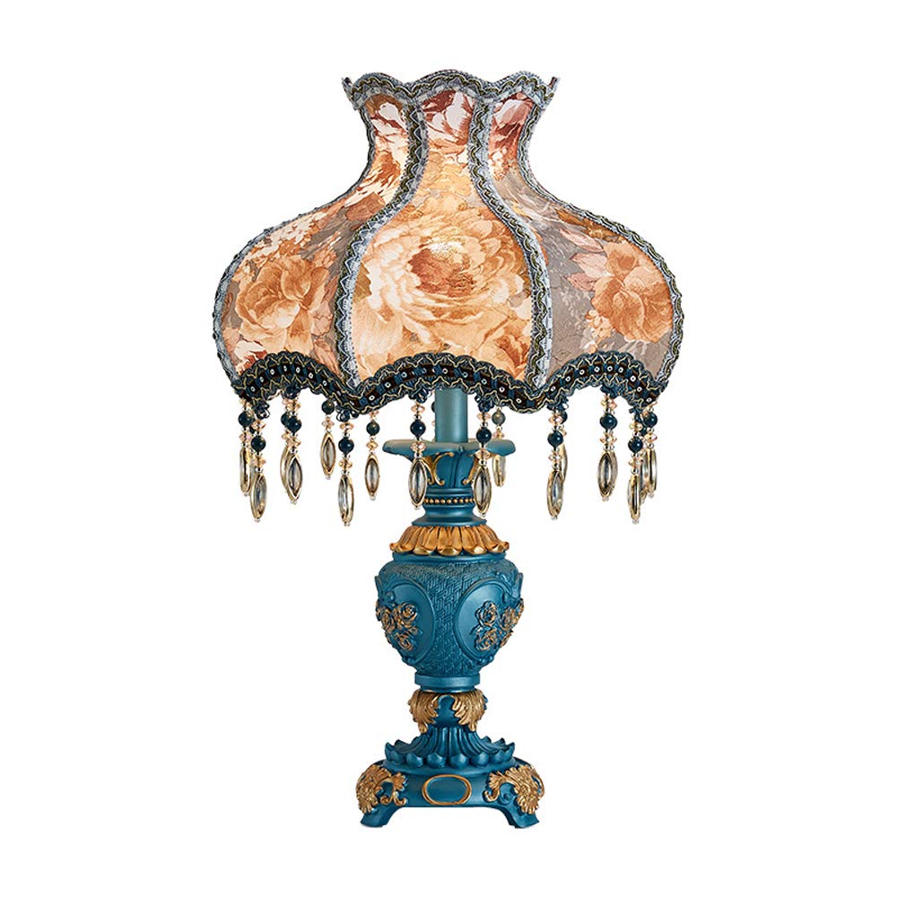 Modern Blue Resin Table Lamp - Victorian Style Desk Light with Fabric Lampshade, Bedside Reading Lamp for Bedroom, Living Room & Dining Room | Romantic Ambient Lighting for Home Decor