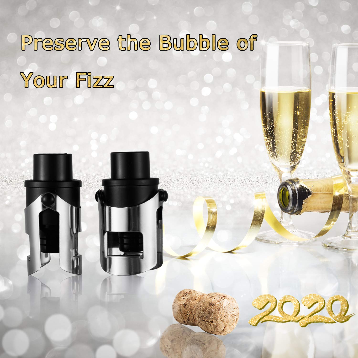 HYZ 2-Pack Champagne Stoppers Wine Saver - Stainless Steel & ABS Sparkling Wine Vacuum Sealers with Built-in Pump for Champagne, Prosecco, Cava - Perfect for Parties, Weddings & Home Entertaining