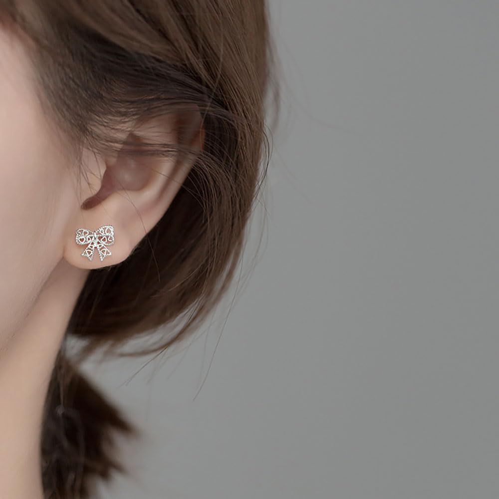 Reffeer Solid 925 Sterling Silver Bow Stud Earrings for Women & Teens - Elegant Ribbon Bowknot Earrings for Daily Wear, Gift Giving & Special Occasions