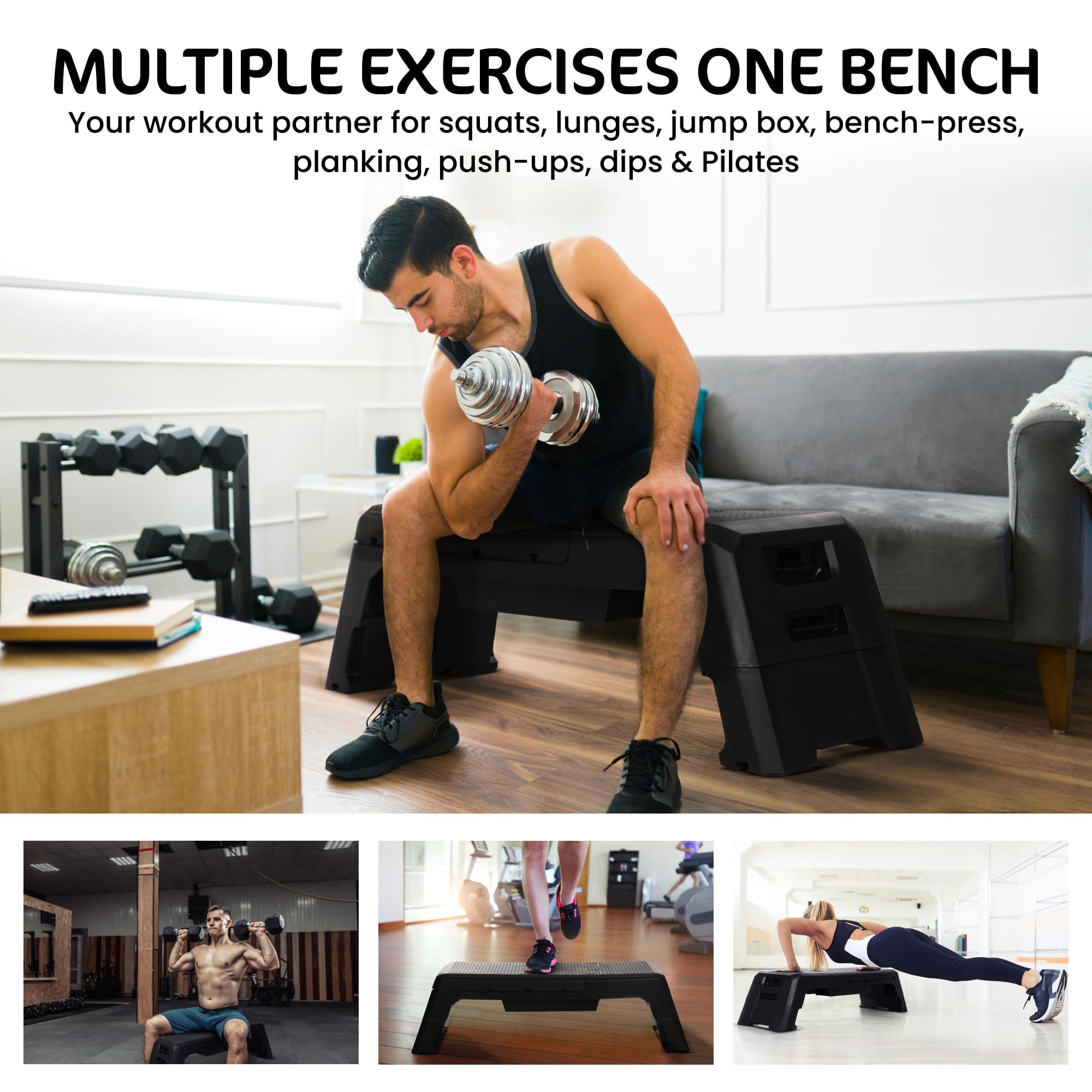 HolaHatha Adjustable Multi-Functional Exercise Bench - 440 lbs Weight Capacity, Foldable Incline Deck (8.5-14.5 Inch Height), Compact Home Gym Equipment for Strength Training, Cardio Workouts & Full Body Exercises