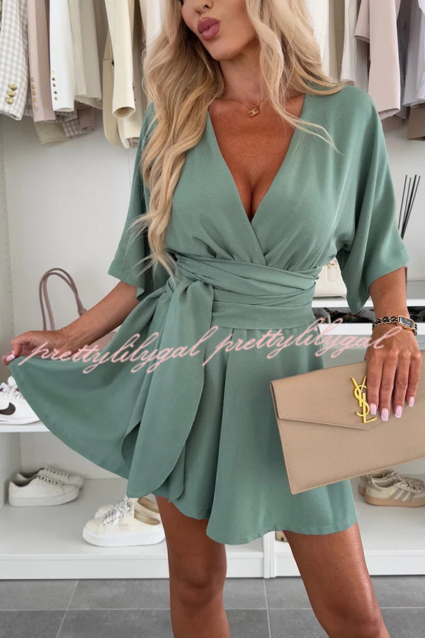 Stylish Comfortable V-Neck Wide Sleeve Tie-Up Loose Romper for Women - Summer Casual Outfit, Beach Cover-Up, Lounge Wear, and Vacation Essentials